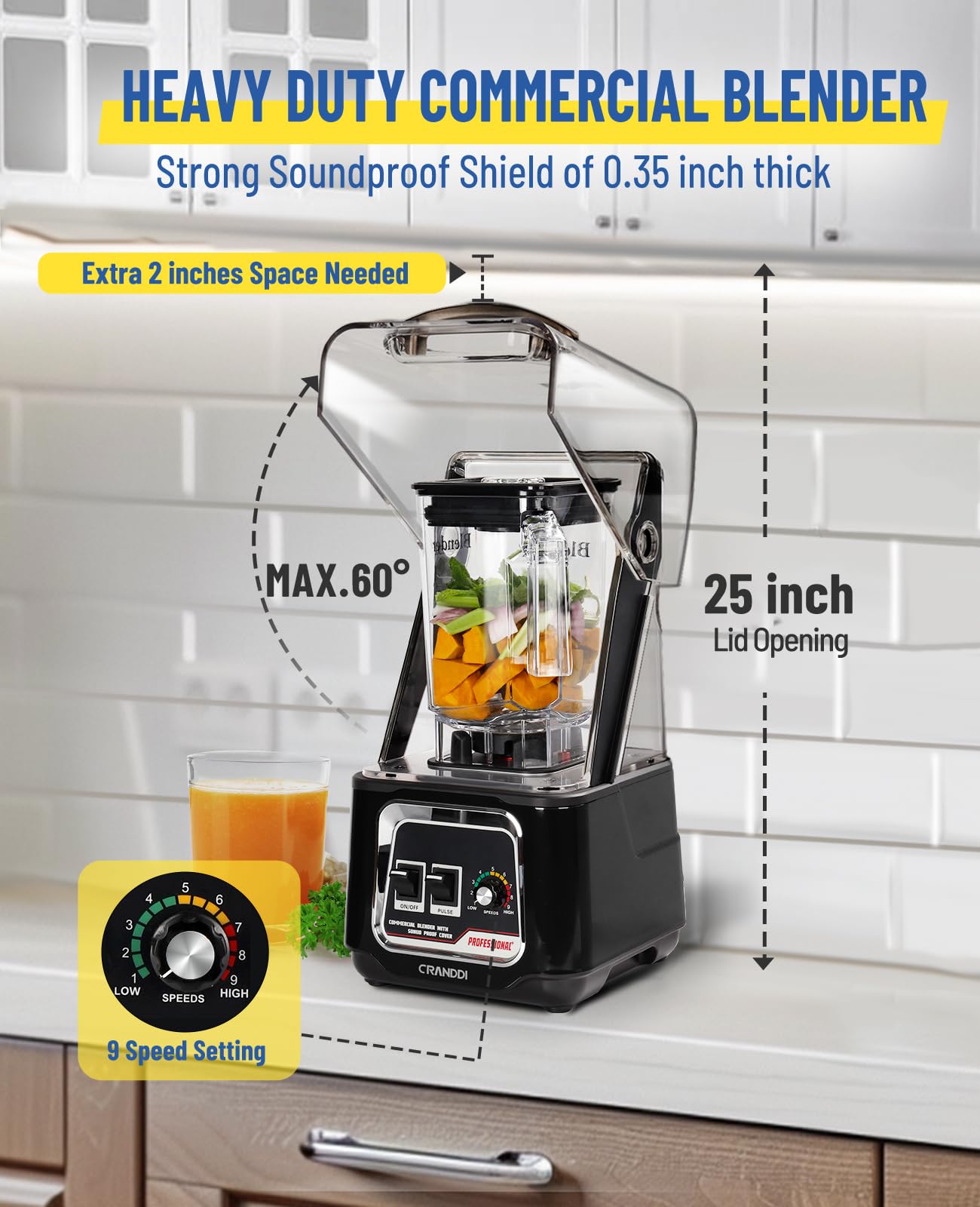 CRANDDI Professional Smoothie Blender, 2200W Commercial Soundproof Quiet blender with Removable Soundproof Shield for Crushing Ice, MilkShakes, Puree, Self-Cleaning, 50oz 110V K80 (Black)