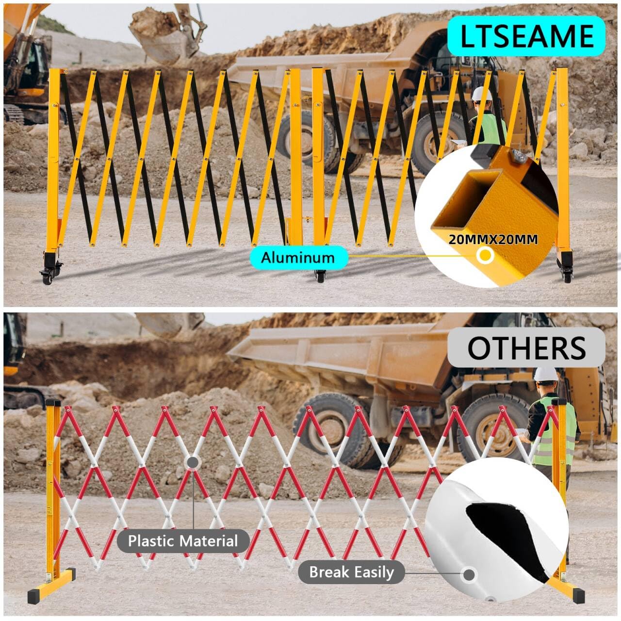 LTSEAME 16FT Industrial Expandable Barricade Folding Security Gate with Wheels,Retractable Driveway Gate with Aluminum Fence and 270 Degrees Direction Adjustment(Yellow, 16FT)