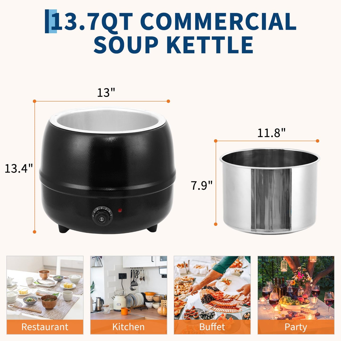 13.7 Quarts Commercial Soup Kettle, Large Capacity Soup Warmer with Stainless Steel Removable Insert Pot, Hinged Lid & Stable Base, Automatic Food Warmer for Buffet, Party, Catering, Restaurant