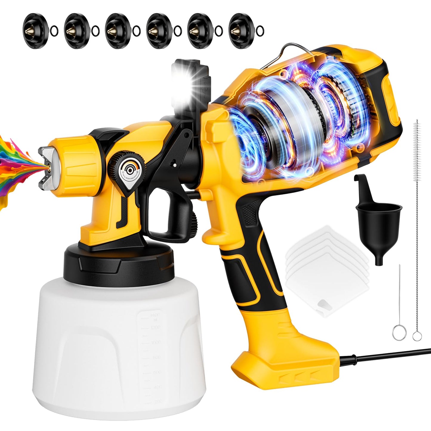 Paint Sprayer for House Painting, Paint Sprayer with Easy to Clean Design, 1400ml (47oz) Container, 6 Brass Nozzles & LED Light, 3 Spray Patterns for House, Fence, Furniture, DIY, Garden, Walls