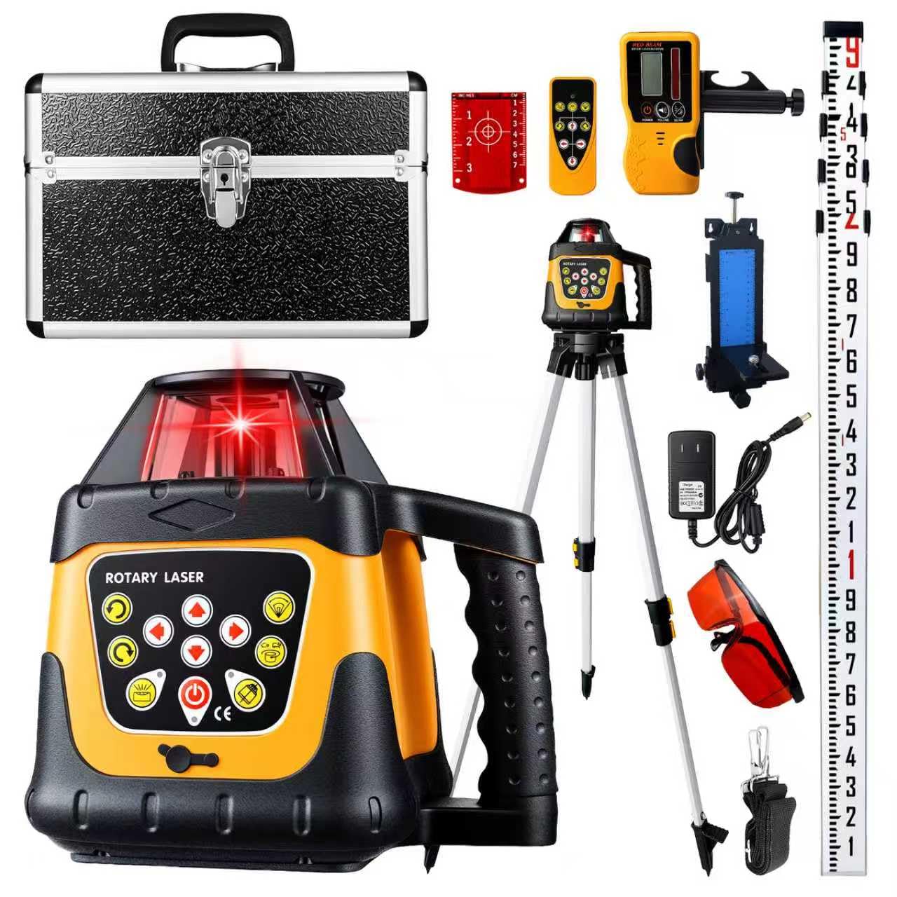 Red Rotary Laser Level 2000ft, 360 Degree Self Leveling Laser Level Kit with Receiver Remote Control and Surveying Tripod 16.4ft Staff, 5 Rotation Speeds& 4 Angles Adjustment,IP66 Waterproof.