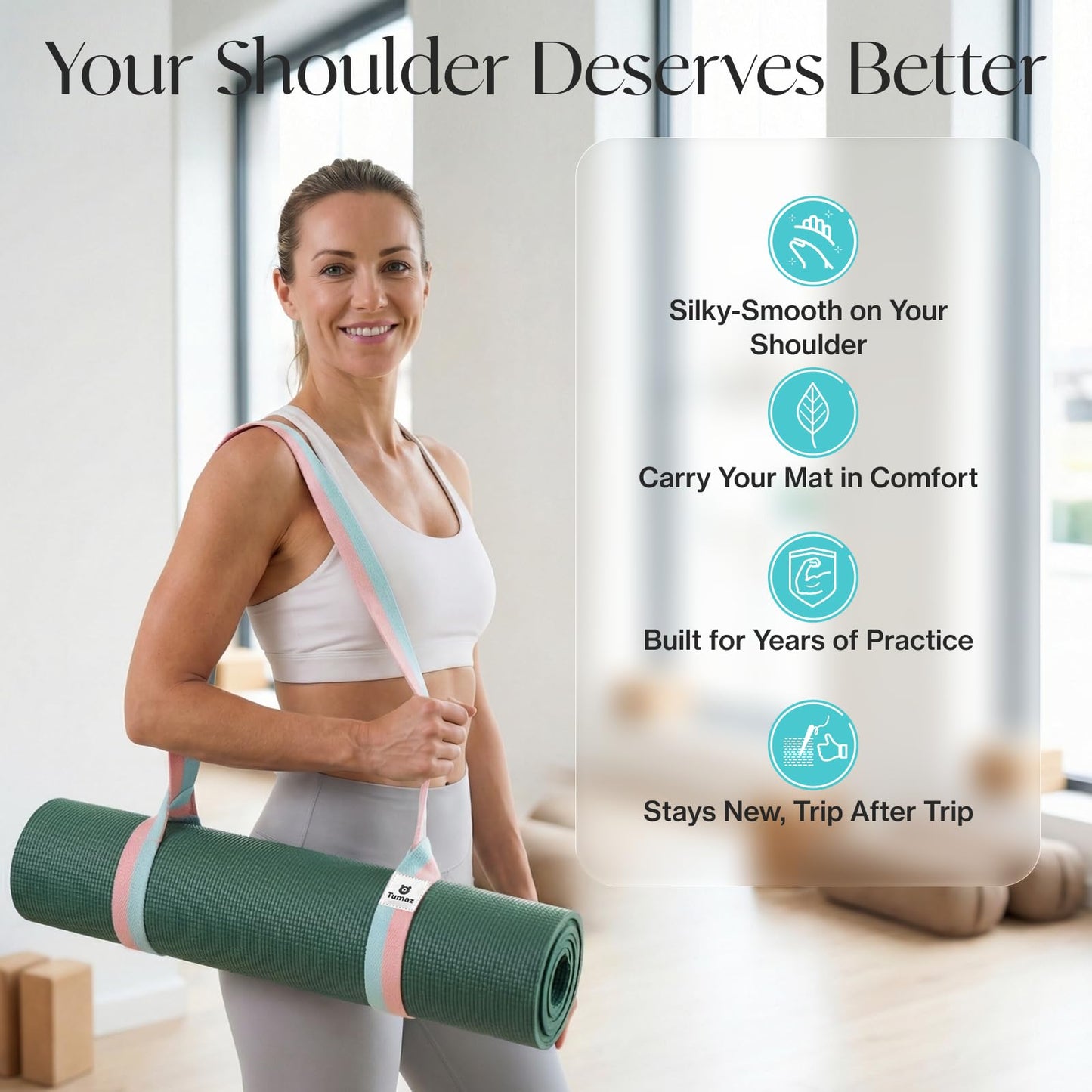 Tumaz Yoga Mat Strap (2 Sizes) with Extra Thick & Comfy Delicate Texture, Adjustable Yoga Mat Carrier