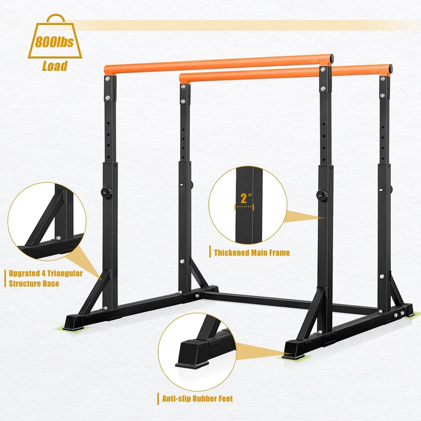 Bongkim Dip Bar, Heavy Duty Dip Station with 7 Height Levels, 800lbs Adjustable Parallel Bars for Tricep Dips Pull-Ups L-Sits Calisthenics Exercises Strength Training for Home Gym Outdoor (Orange)