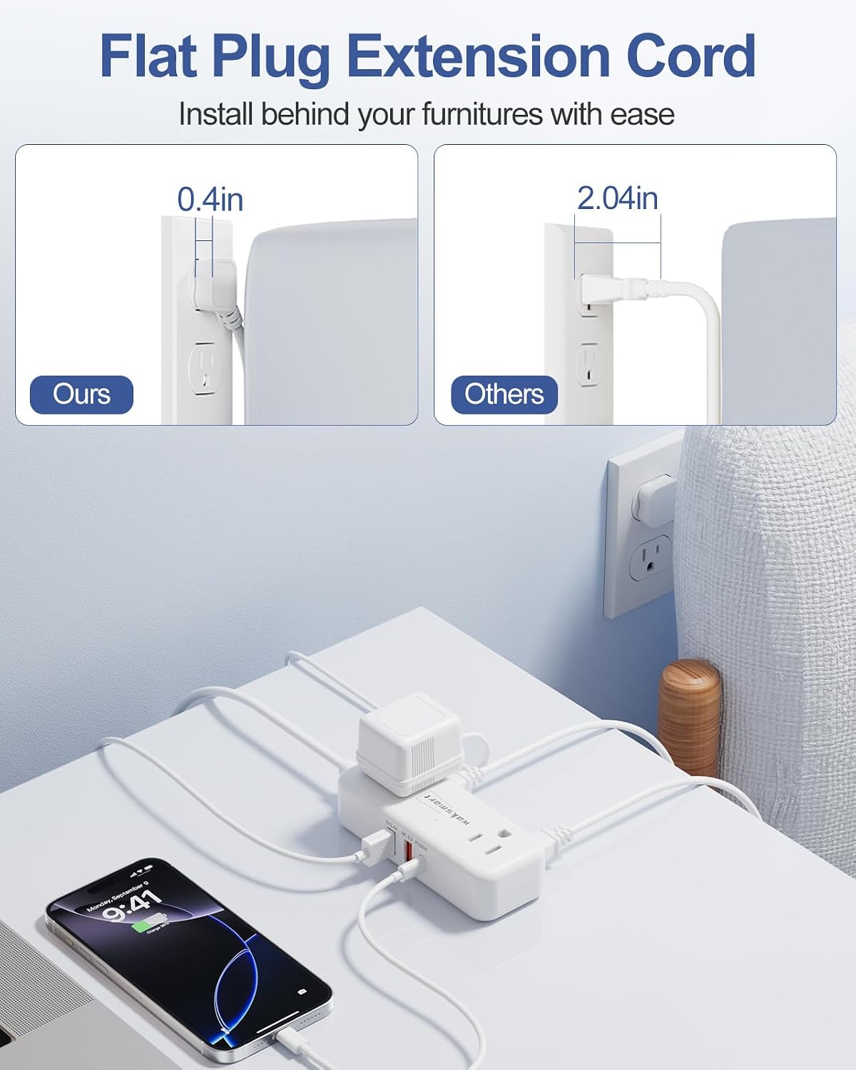 Waksmart PD20W -3 4 3 Flat Plug Power Strip Ft Flat Plug Extension Cord with AC Outlets Quick Charging USB Ports, Flat