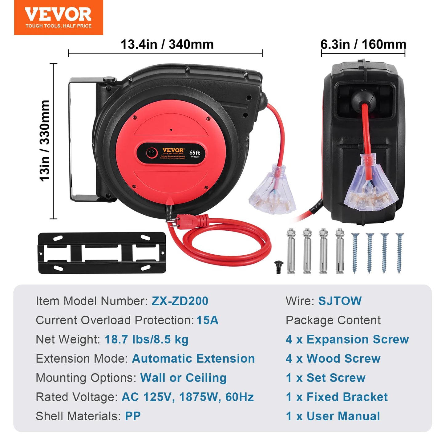 VEVOR Retractable Extension Cord Reel, 65 FT, Heavy Duty 12AWG/3C SJTOW Retractable Power Cord with Lighted Triple Tap Outlet, 15 Amp Circuit Breaker 180° Swivel Bracket for Ceiling or Wall Mount
