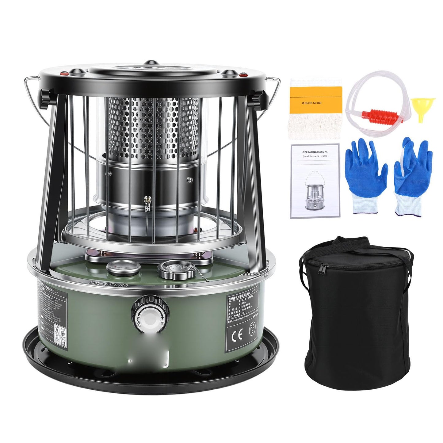 MOTOULAX Portable Kerosene Heater, Adjustable Height 5.2L Tank 20-25 Hours Heat 2.6KW Output for Garage Camping Emergency, with Safety Net and Accessories (Green)
