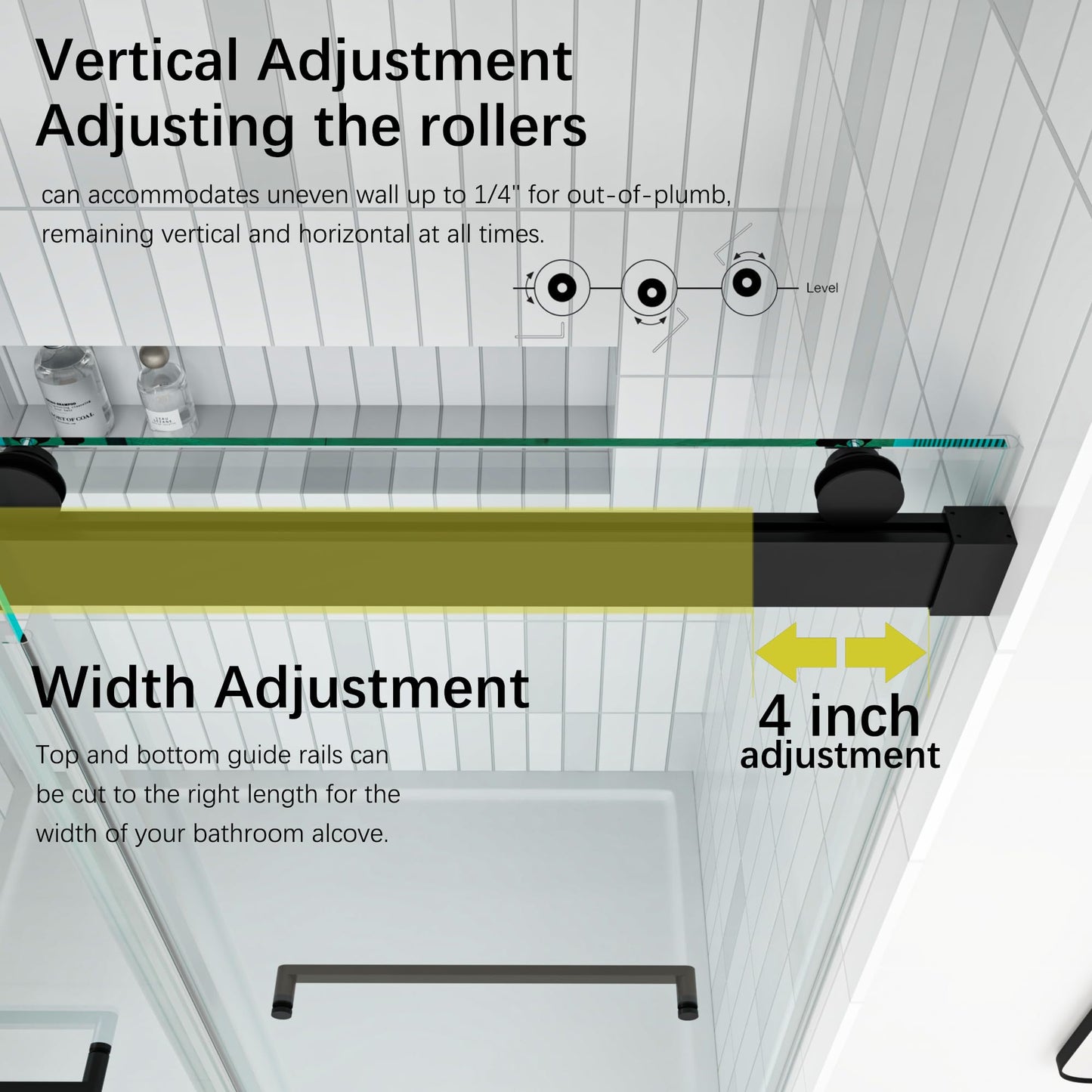 FEKEWIO Frameless Shower Doors 62-66" W x 76" H Double Sliding Soft Close 3/8"(10mm) Clear Tempered SGCC Shatterproof Glass Width Adjustable, DS13- Matte Black