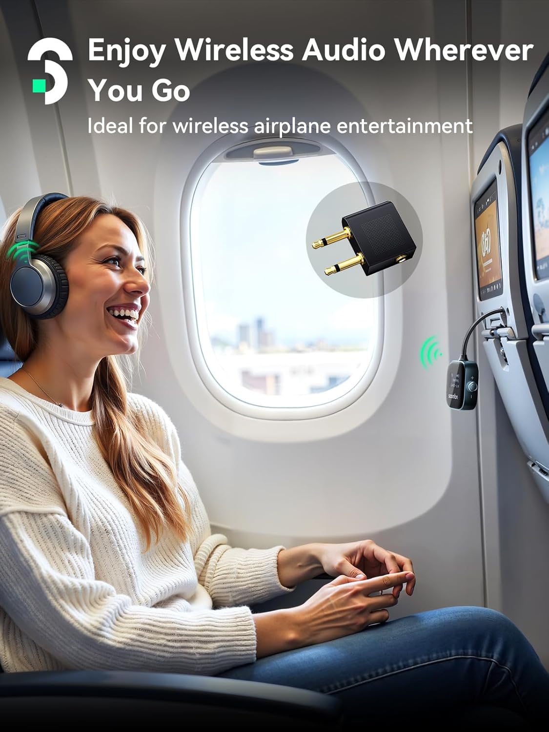 SOOMFON 5.3 2 2-in-1 3.5mm Airplane Bluetooth Transmitter for Airpods or Headphones Airplane Bluetooth Adapter Receiver