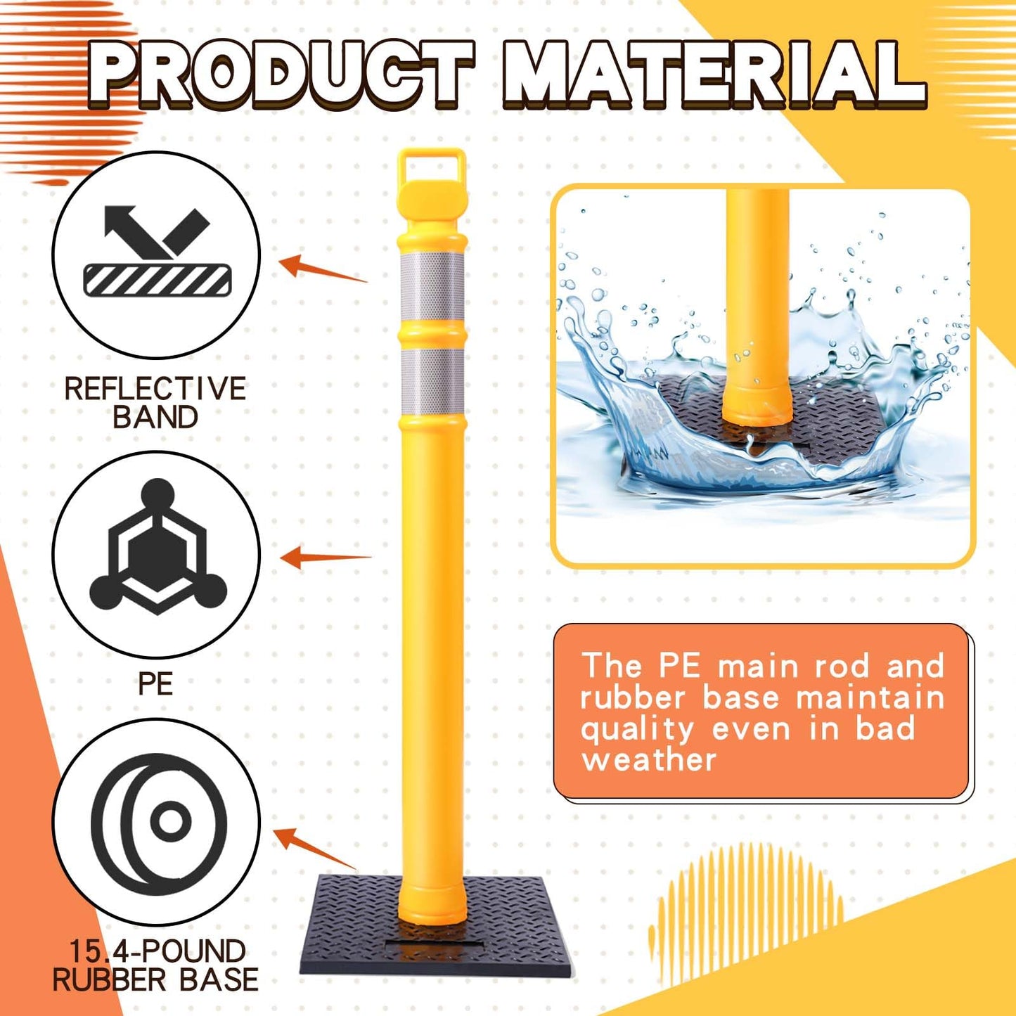 Kanayu 49 Inch Traffic Delineator Posts with 8.8 Lbs Rubber Base PE Delineator Post Portable Parking Pole Traffic Cone Barrier with Removable Base, Reflective Band(4 Packs,Yellow)
