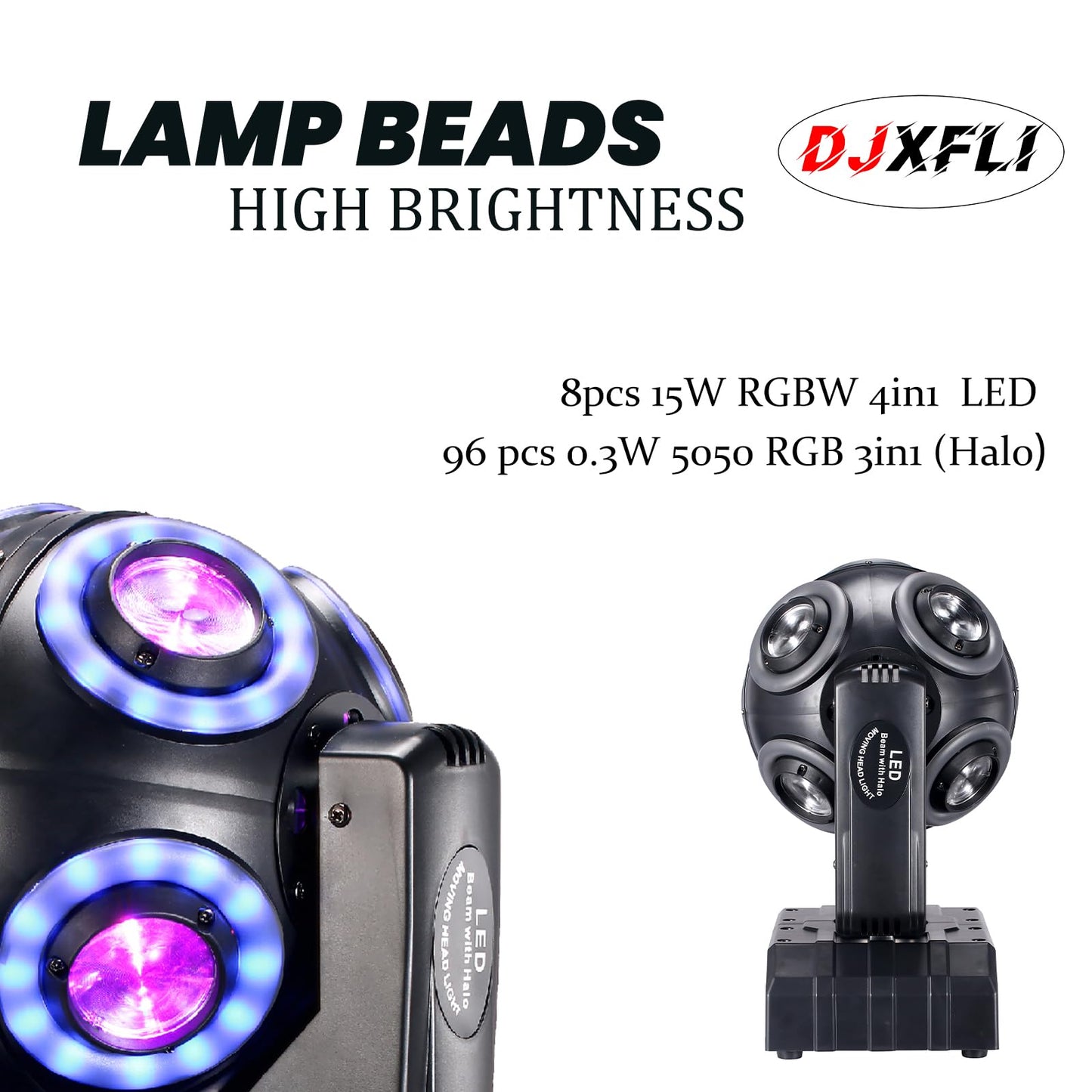 DJXFLI Moving Head Stage Light with Halo Beam 8x15W LED Stage Lights RGBW 4in1 DJ Lights 360°Moving Head DMX Sound Activated for Club Wedding Show