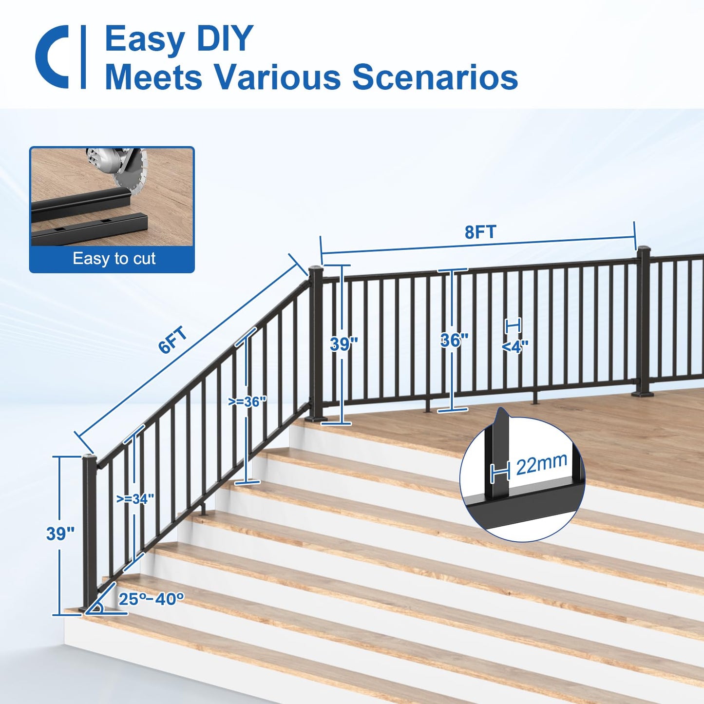 CKE 36 in. H x 6 ft. W Porch and Deck Railing Kit with Post, Aluminum Railing Kit, AAMA 2604 Black Textured Powder-Coat Finish Railing System for Outdoor Decks, Porches & Balconies(1 Post, 1 Panel)
