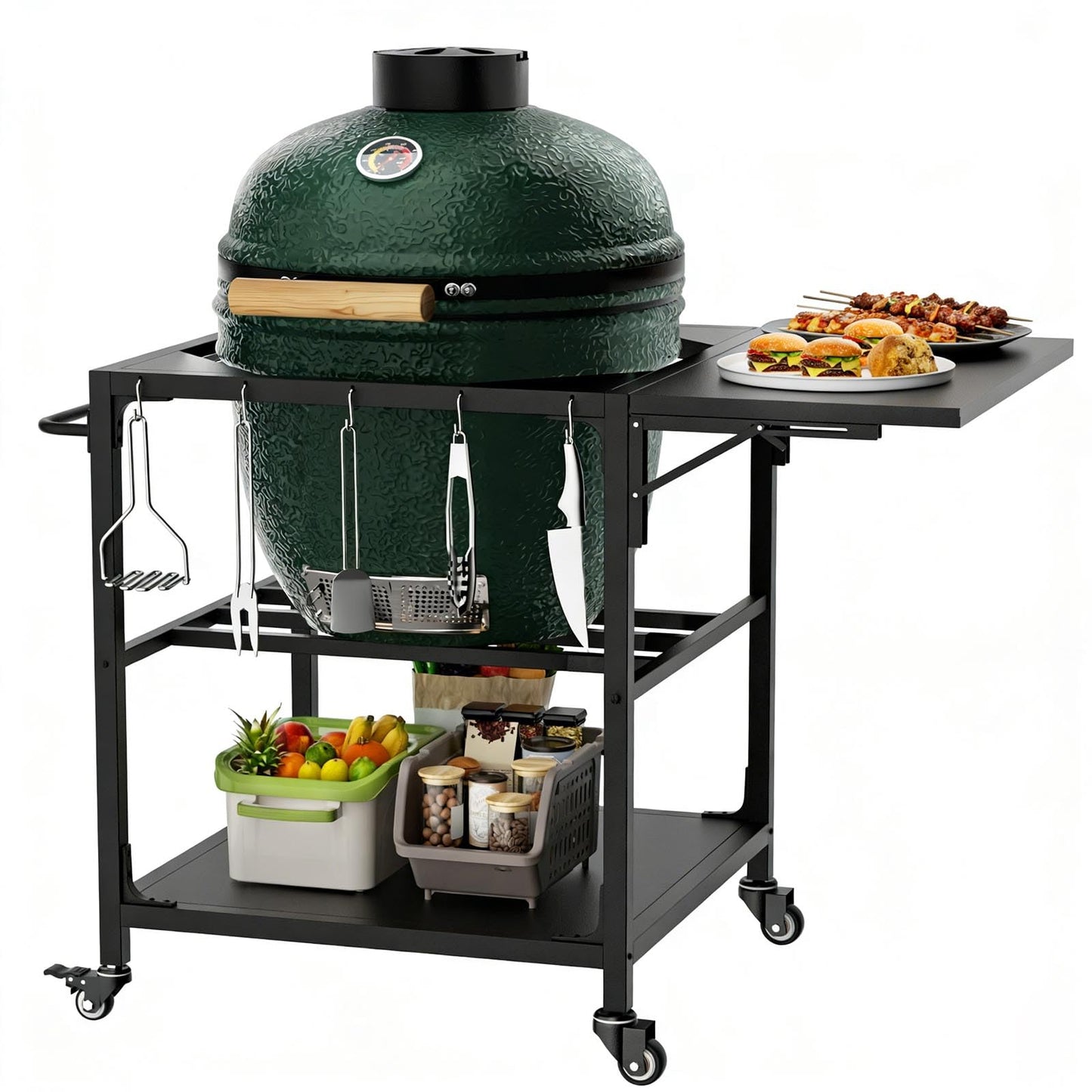 Outdoor Grill Table for Big Green Egg, Heavy Duty Metal Cart Prep Table with Wheels, Folding Panels, Storage Shelf, Hooks, Removable Central Cover, Compatible with Large Big Green Egg, Kamado Joe Jr