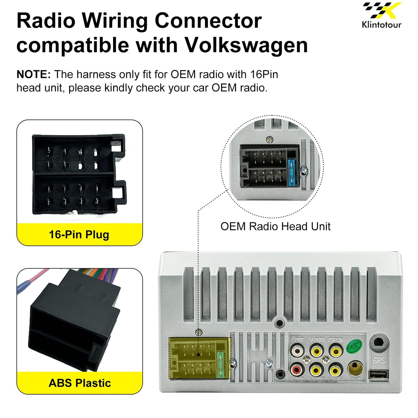 2003-2015, 16Pin Aftermarket Radio Wiring Adapter Compatible with Volkswagen Android Car Stereo Harness with SWC