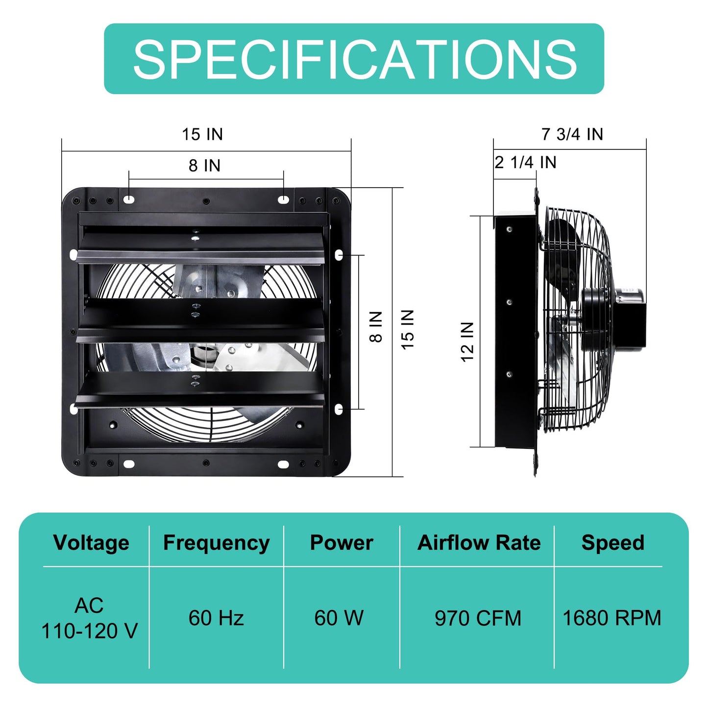 Hipoilk 12 Inch Wall Mounted Shutter Exhaust Fan with Thermostat and Speed Controller for Attic, Greenhouse, Shed, Garage, Chicken Coop, Shop, Barn Ventilation, 970 CFM Louvered Vent Fan, Black