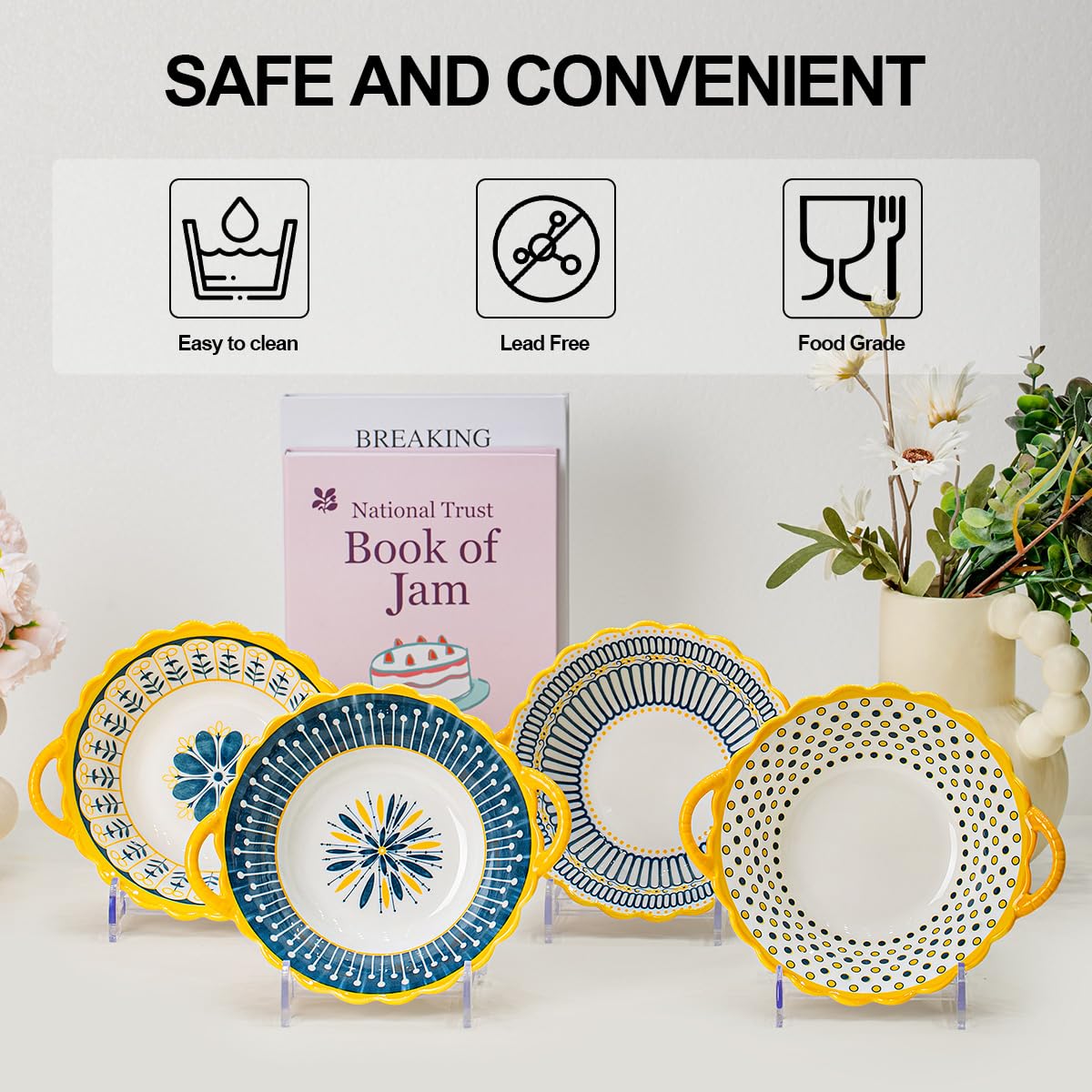 Yeacccng Bohemian Soup Bowls with Handles Set of 4, 20 Oz Indented Grooved Ceramic Bowls, 6.5 Inch French Onion Soup Bowls, Lead-Free, Scratch-Resistant, Oven/Microwave Safe