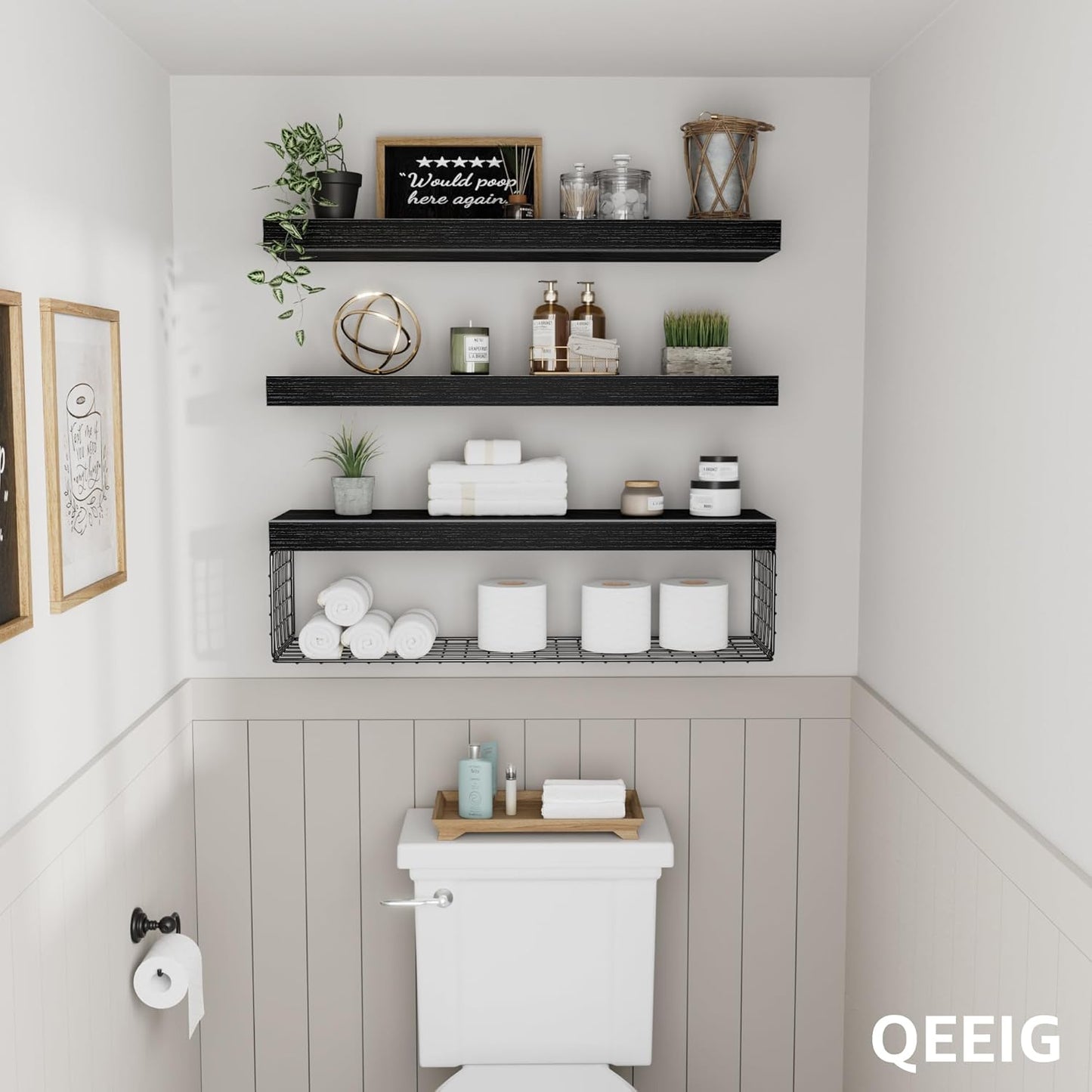 QEEIG Floating Bathroom Shelves - 24-Inch Wall Storage for Toilet Paper | Set of 3, Black