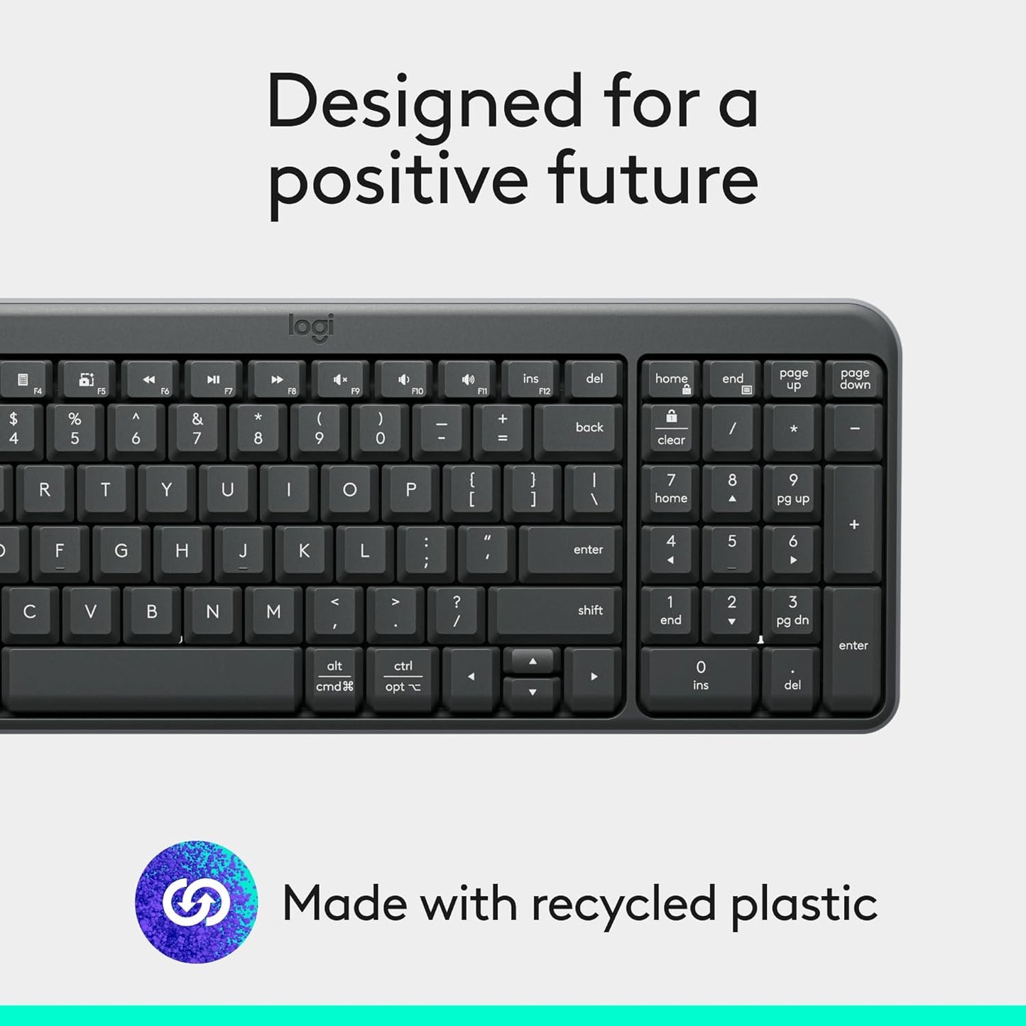 Logitech K250 Bluetooth Keyboard with Numpad, Easy Connectivity, Compact Wireless Keyboard Made with Recycled Plastic