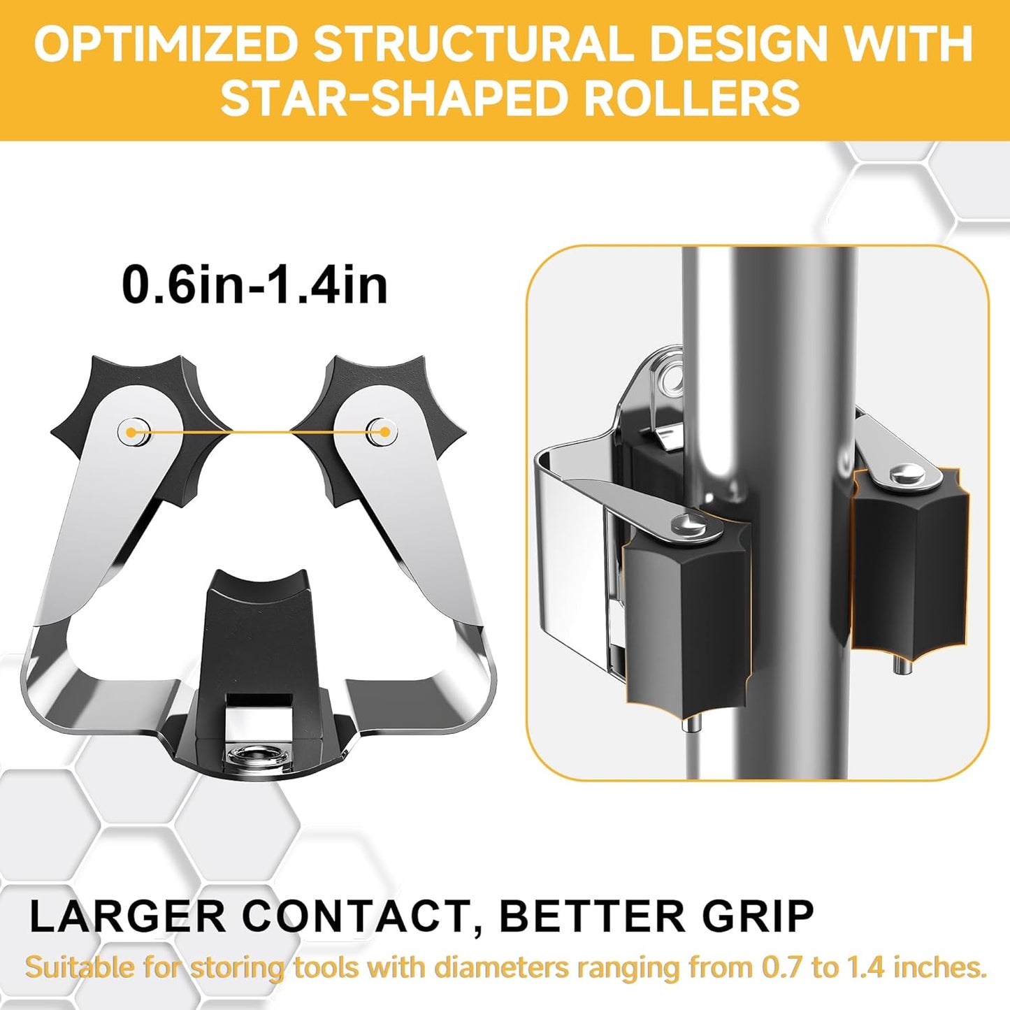 Skiennix Broom Holder Wall Mount - 3 Pack with Star Shaped Rubber Rollers & Durable Nickel Plated Brackets for Garden Tool Organization