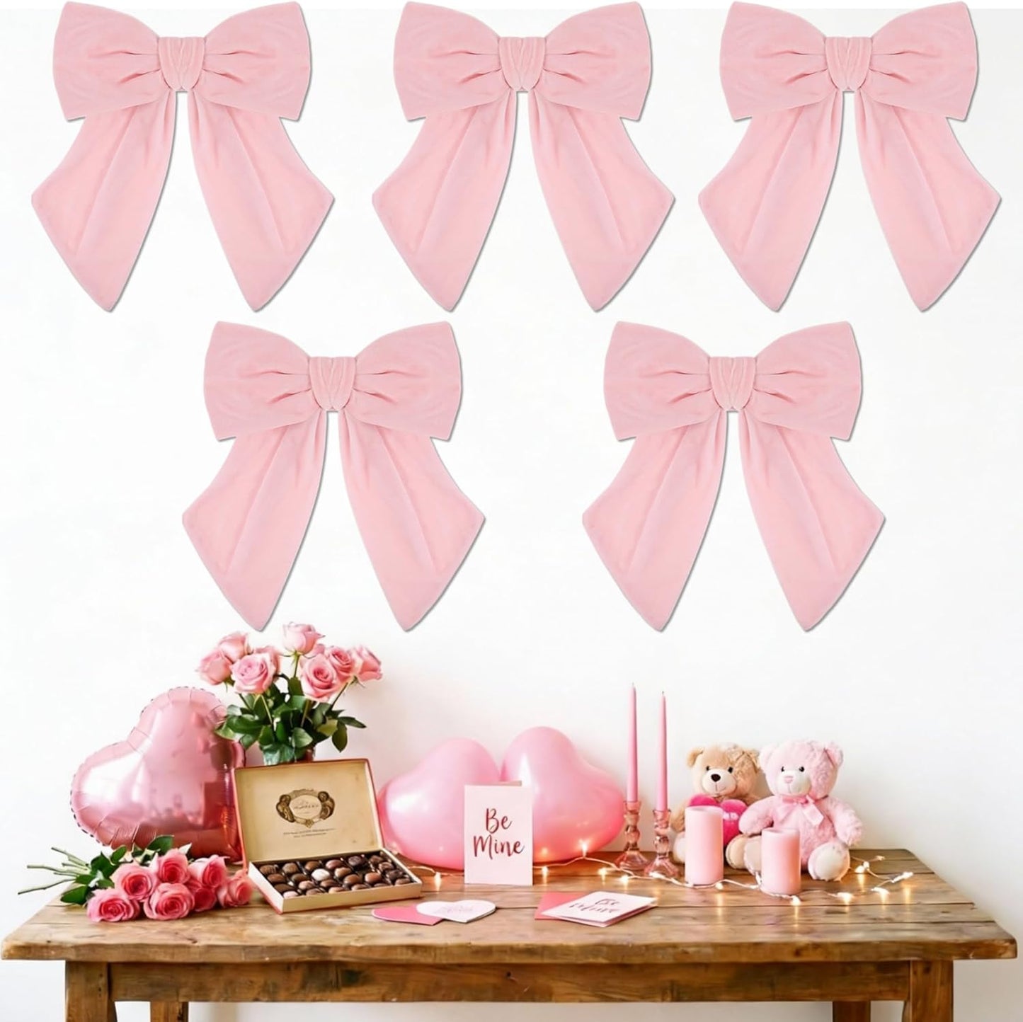 Riceshoot Velvet Bows - 5 Pcs Large 11'' x 16'' Pre-Tied Ribbon for Valentine's Gift Wrapping | Light Pink