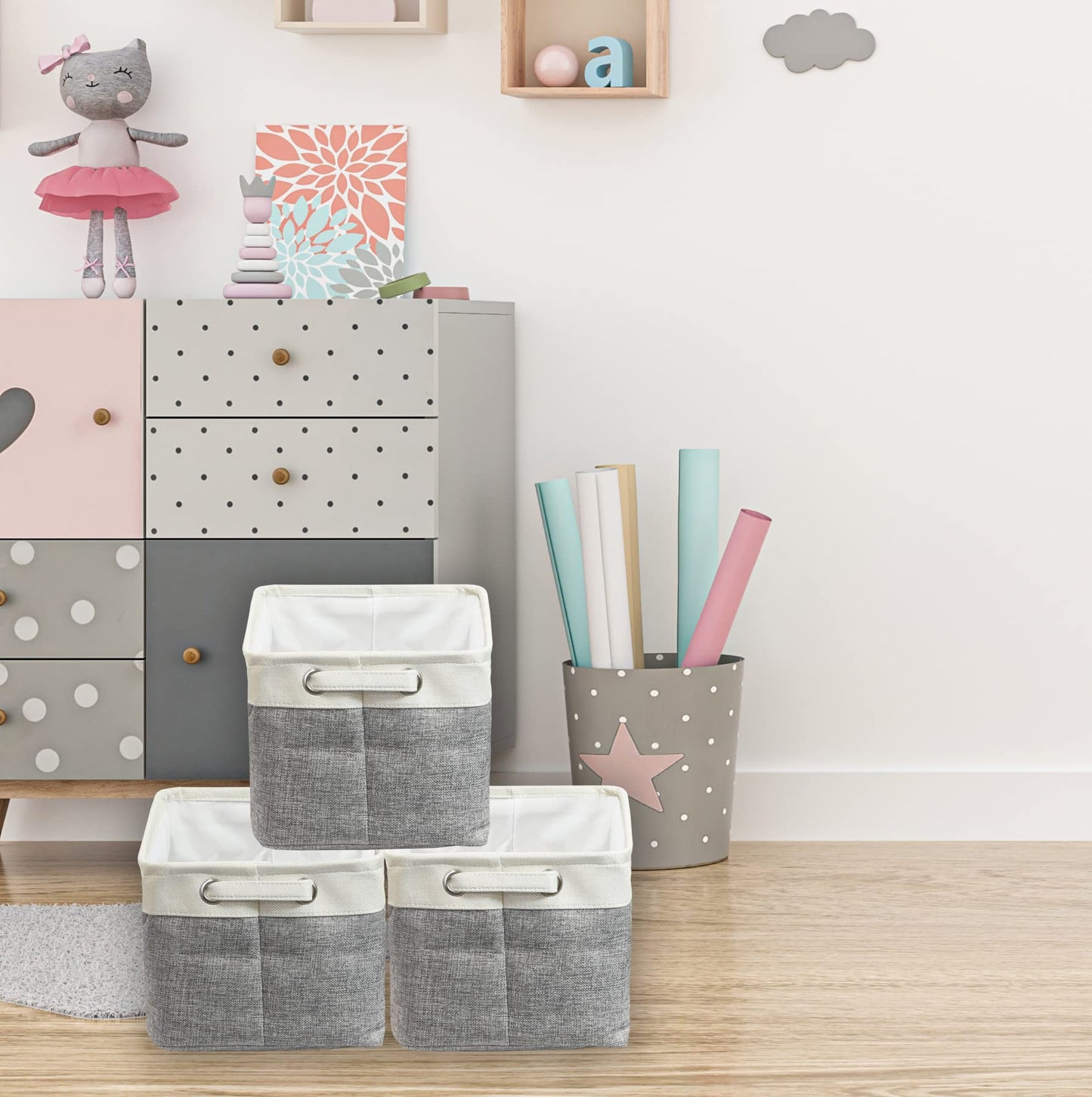 Simple Houseware Large Fabric Storage Bin, 14.4" x 10" with Handles, 3-Pack, Foldable Organizer for Closet and Shelf, Gray