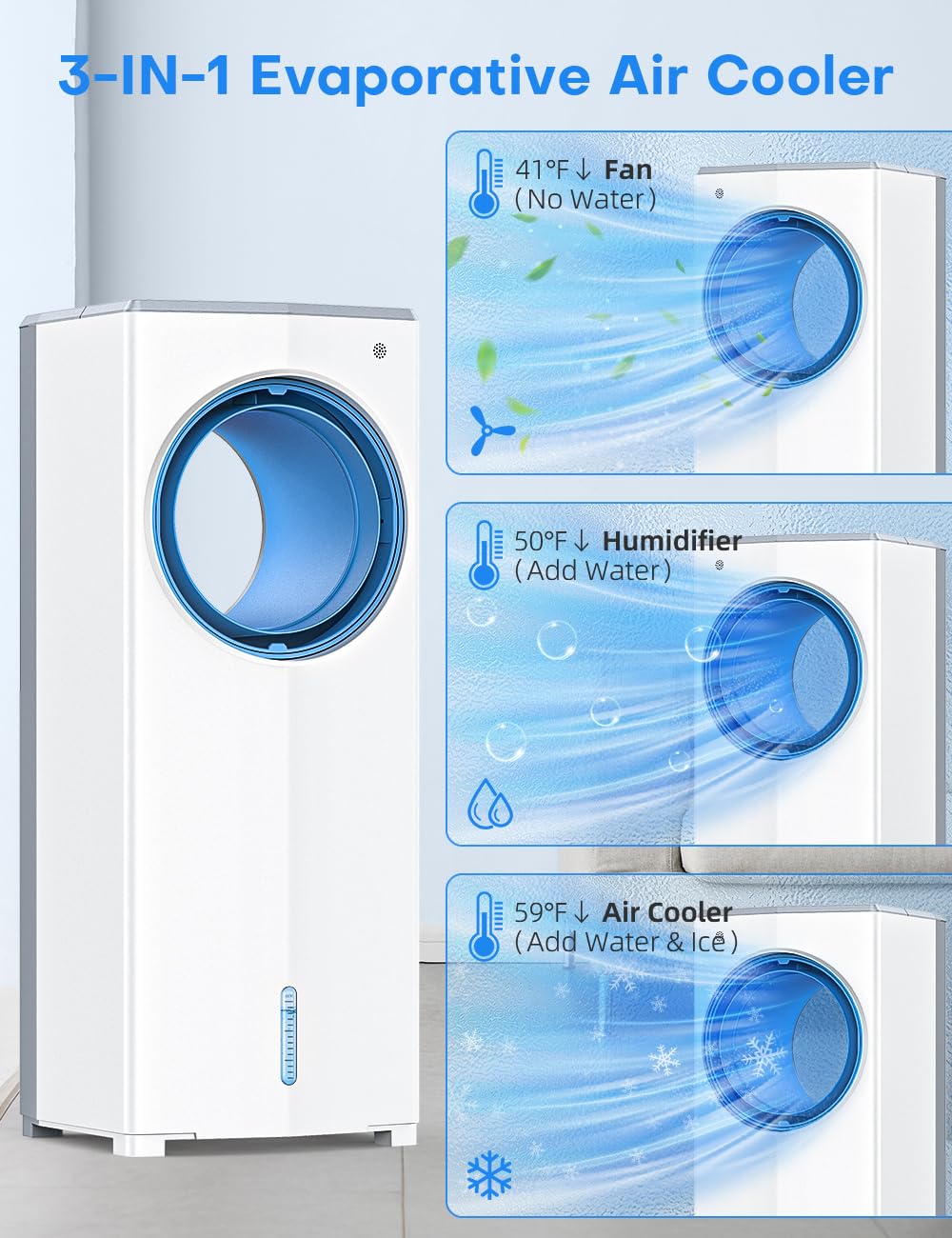 MYICY 27 INCH Evaporative Air Cooler, Windowless Swamp Cooler Portable Air Conditioners w/Normal/Natural/Sleep/Cooling Mode,3 Speeds,Double Tanks& Remote & Smart Timer, Bladeless Air Cooler for Room