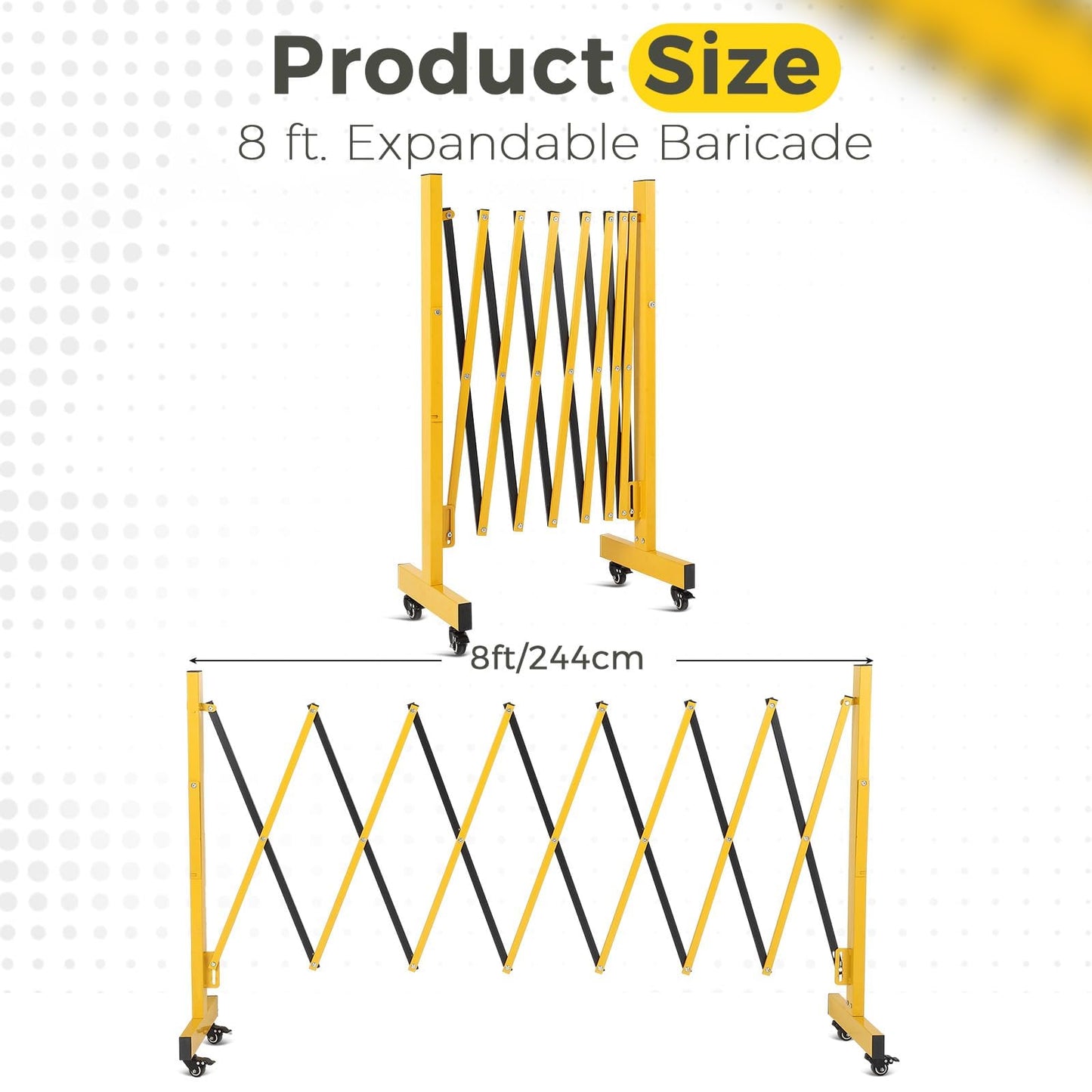 Expandable Barricade 8 ft, Industrial Metal Retractable Traffic Fence with Locking Casters, Portable Folding Security Gate for Construction, Crowd Control & Driveway