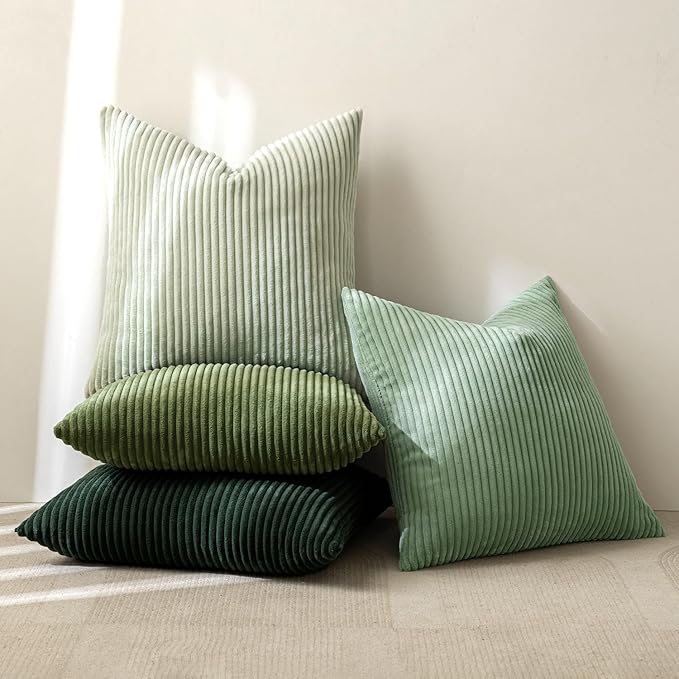 MIULEE Boho Farmhouse Sage Green Throw Pillow Covers 22x22 Inch Set of 4 Mordern Nordic Cushion Covers Soft Corduroy Spring Home Decor for Couch Bed Sofa Living Room Forest Green