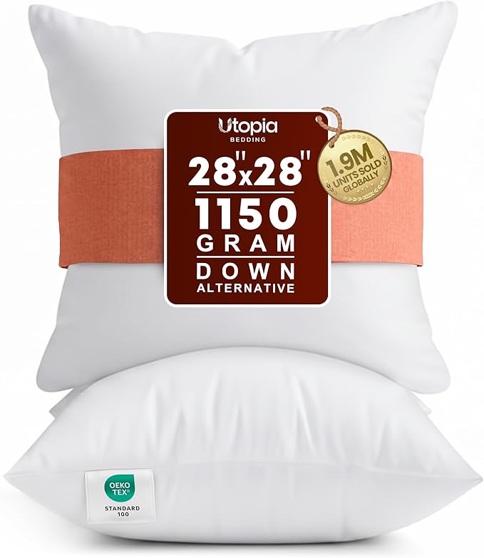 Utopia Bedding 28x28 Pillow Inserts, Set of 2, White – Indoor Decorative Throw Pillows for Bed, Sofa & Couch – Soft, Supportive & Fluffy Cushion Inserts