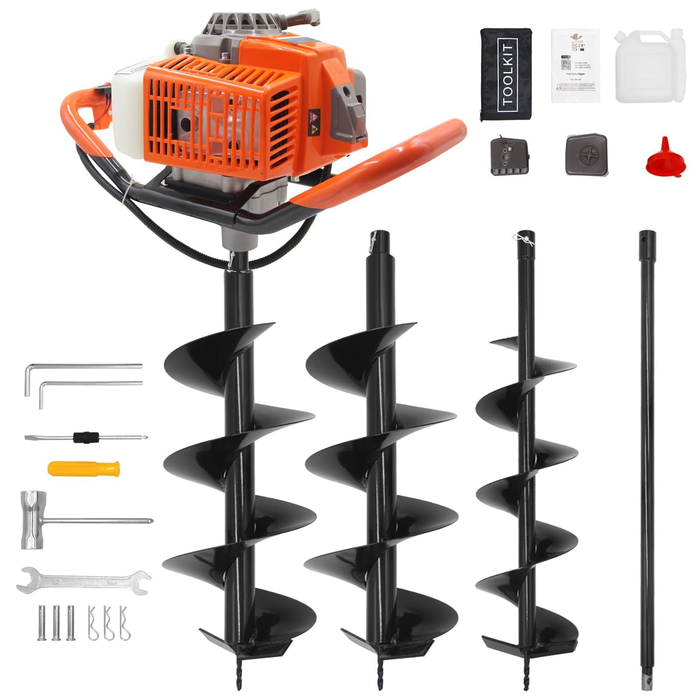 72CC Newly Upgraded Post Hole Digger Gas Powered, 2 Stroke Auger Post Hole Digger with 2 Drill Bits (6" & 8") + 1 Extension Rod for Planting - Ideal for Farm & Garden - Orange (72 CC)