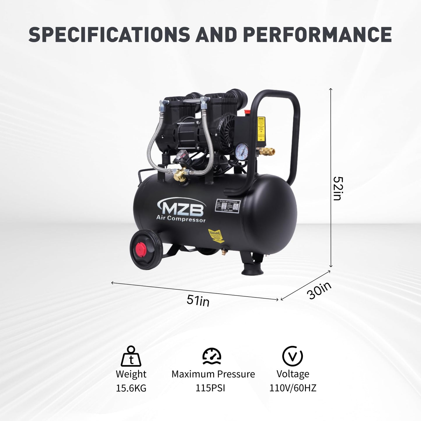 MZB 6.4 Gallon Ultra Quiet Air Compressor 110V/60Hz Steel Tanks Oil-Free 70dB Noise Level Air Compressor with Wheels for Spray Painting, Auto Repair, Carpentry Decoration