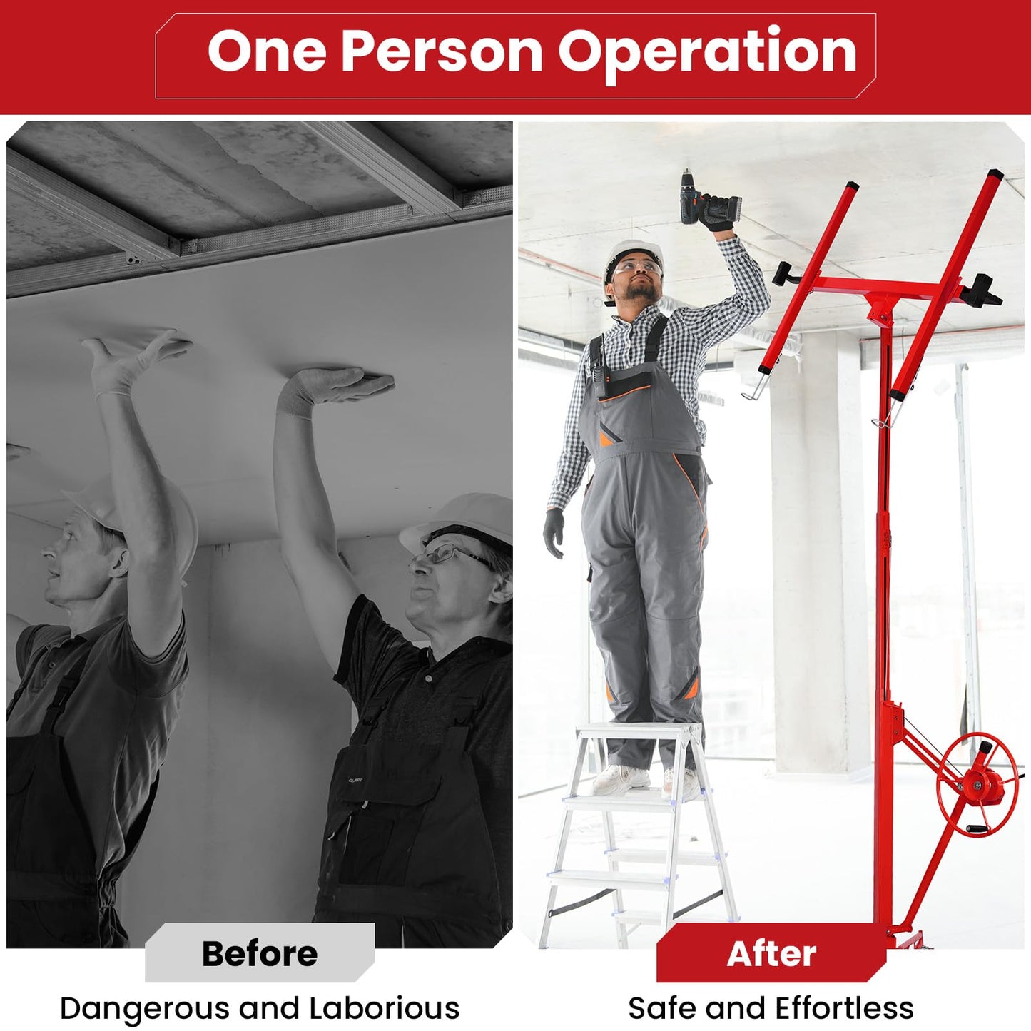 Rovibek Drywall Lift 11 ft Sheetrock Lift Drywall Hoist for Ceiling 360° Adjustable Drywall Lifter Foldable Sheetrock Jack 150lbs Heavy Duty for Home Improvement (Red)