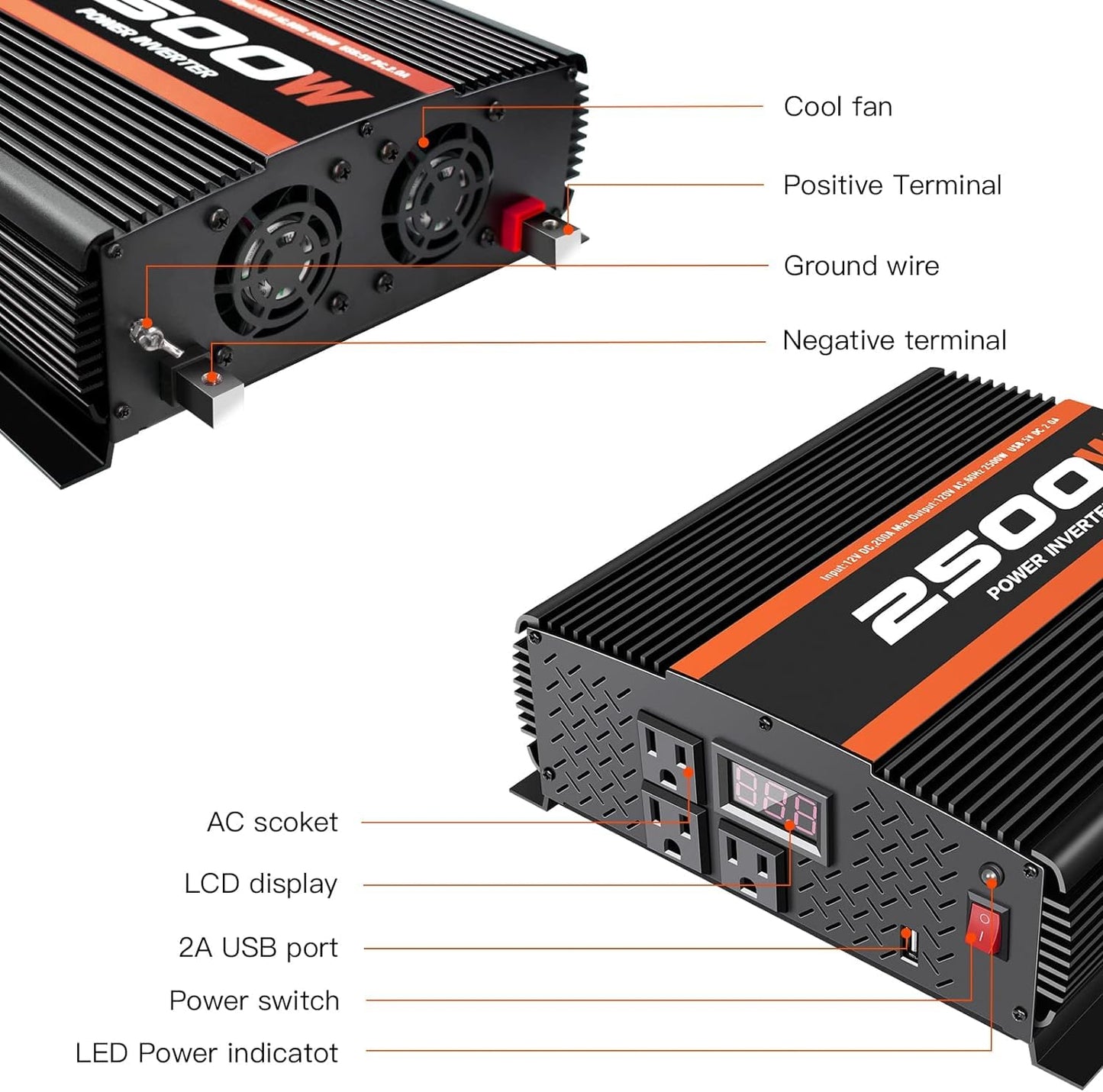 2500W Inverter 12V DC to 120V AC Converter for Home, RV, Truck, Off-Grid Solar Power Inverter with Built-in 5V/2.1A USB, AC Hardwire Port, Remote Controller
