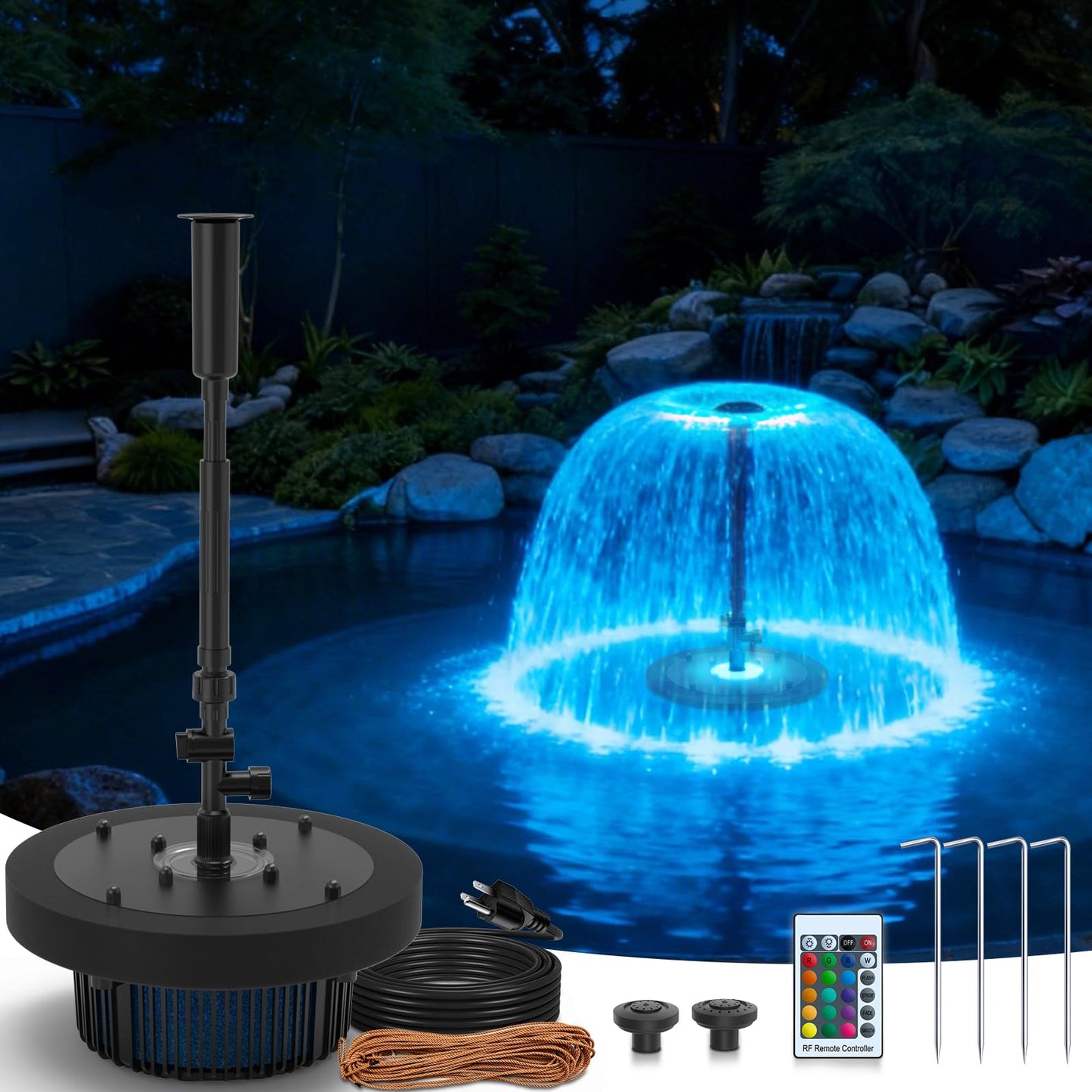 VCRAZE Floating Pond Fountain Pump with Lights | Remote Control RGB LED | 660GPH Pond Fountain Aerator | Floating Fountain with 3 Spray Patterns | for Ponds, Pool, Water Garden