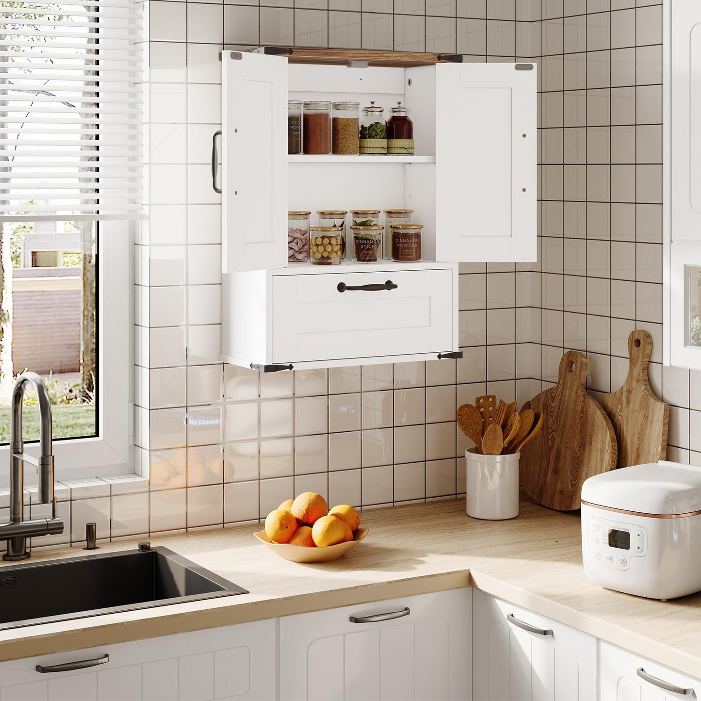HOOBRO Farmhouse Wall Mounted Cabinet with Adjustable Shelf, Medicine Cabinet with Flip-Down Door, Over The Toilet Bathroom Organizer, for Small Bathroom, Kitchen, White and Walnut