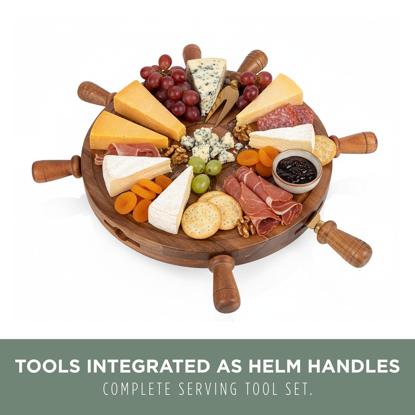 PICNIC TIME Helmsman Lazy Susan Cheese Board and Tool Set, Charcuterie Board Set, Wood Cutting Board with Cheese Knives, (Acacia and Gold)