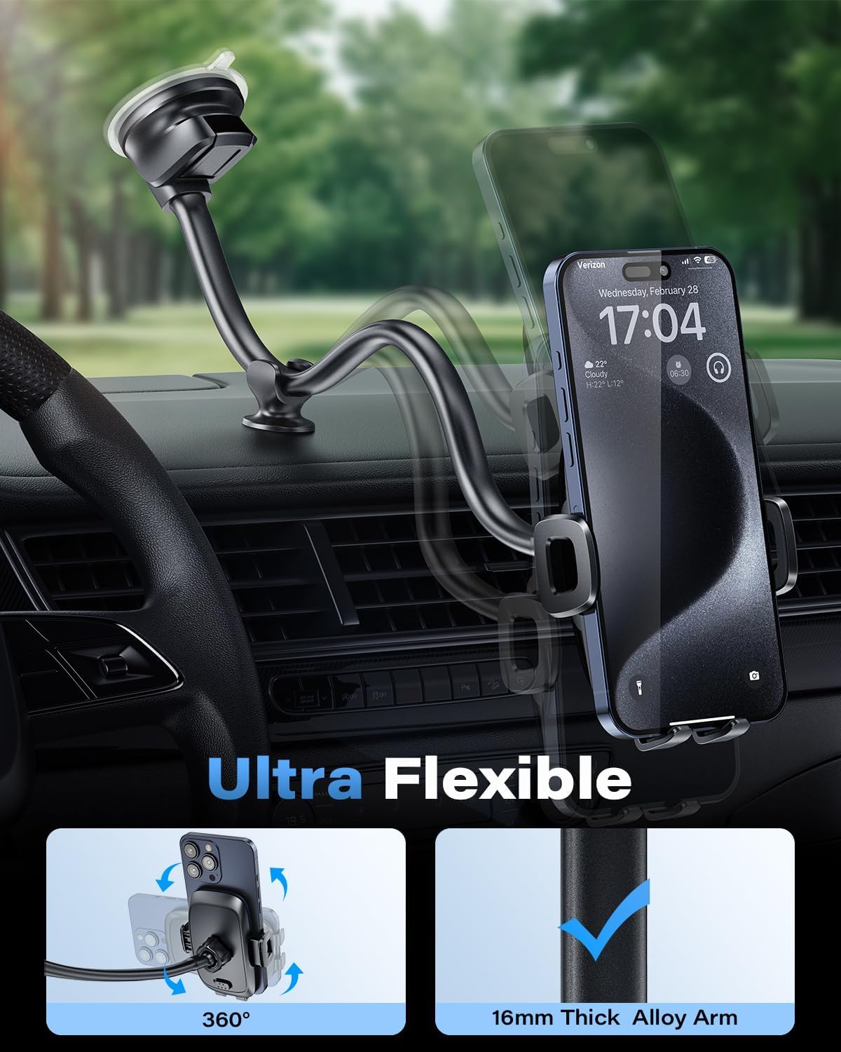 1Zero 14-Inch Solid Car Truck Phone Mount Holder with Gooseneck Long Arm, Windshield Window Mobile Holders