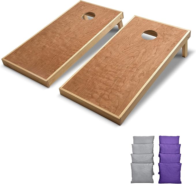 GoSports 4 ft x 2 ft Commercial Grade Cornhole Boards Set - Natural Wood Cornhole Boards, Choose from Different Bean Bag Color Combinations - Purple & Gray