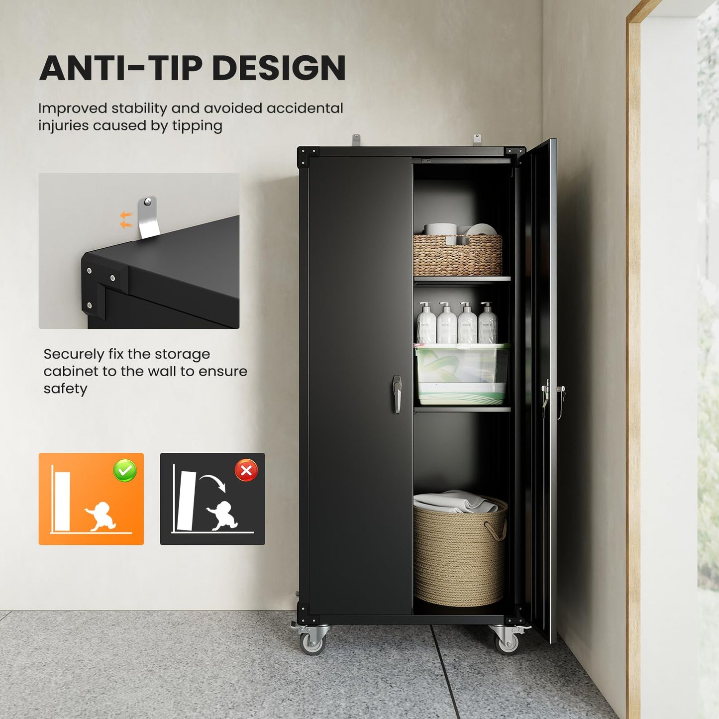 DUMOS 72" Metal Garage Storage Cabinet with Wheels, Tall Rolling Steel Tool Cabinet with Adjustable Shelves and Locking Doors, Lockable File Cabinet for Garage, Home, Office, Warehouse, Black