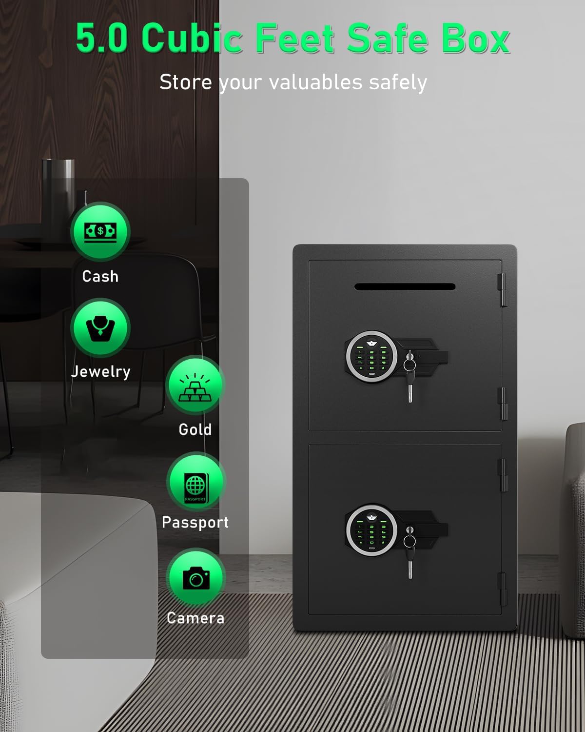 Omethey 5.0 Cu ft Extra Large Safe Fireproof Waterproof, Digital Security Safe Box with Deposit Slot & Metal Storage Box with Backlit Keypad & Dual Alarm for Home Office