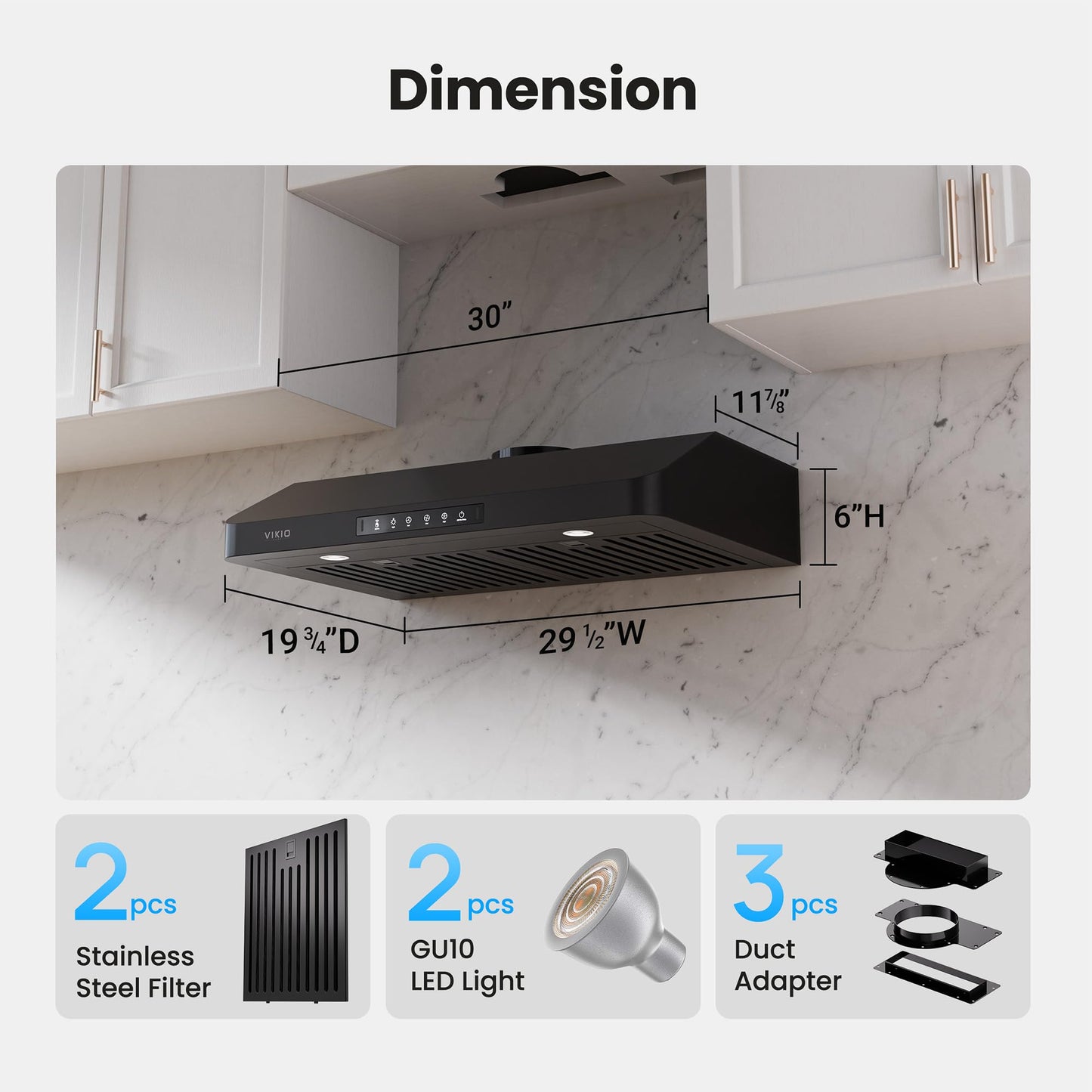 VIKIO HOME Under Cabinet Range Hood 30 Inch, 980CFM Fast Venting Ducted, Kitchen Hood With 3 Speed Gesture Sensing & Touch Control, Stainless Steel Stove Vent Hood With LED Light, Black