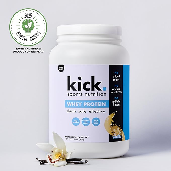 Kick Whey Protein Powder, Vanilla Flavor, 25 G Protein, Gluten Free Workout Supplement With Amino Acids to Support Fitness Goals & Digestive Wellness, No Added Sugar, No Artificial Flavor, 16 Servings