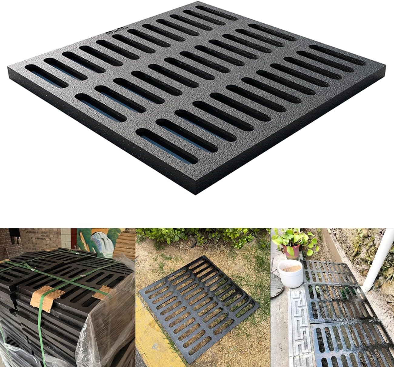 Cast Iron Drain Grate, 28 * 28in Outdoor Drain Cover, B125 Class Ductile Iron Channel Drainage Grates, Heavy Duty Sewer Grate,Black Square Drain Grate for Yard,Driveway,Concrete Floor.