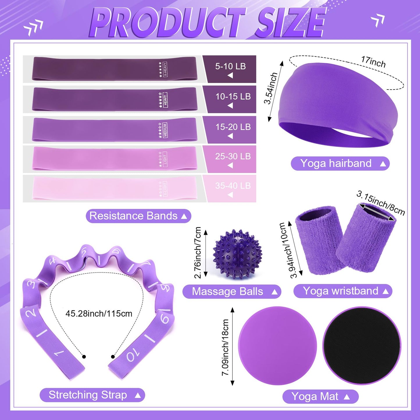 Poen 18 Pcs Home Pilates Ball and Ring Circle Set Yoga Fitness Essentials Kit with 5 Resistance Band Stretching Strap Non Slip Sock Ball Core Slider Wristband Headband Gym Bag for Women(Purple)