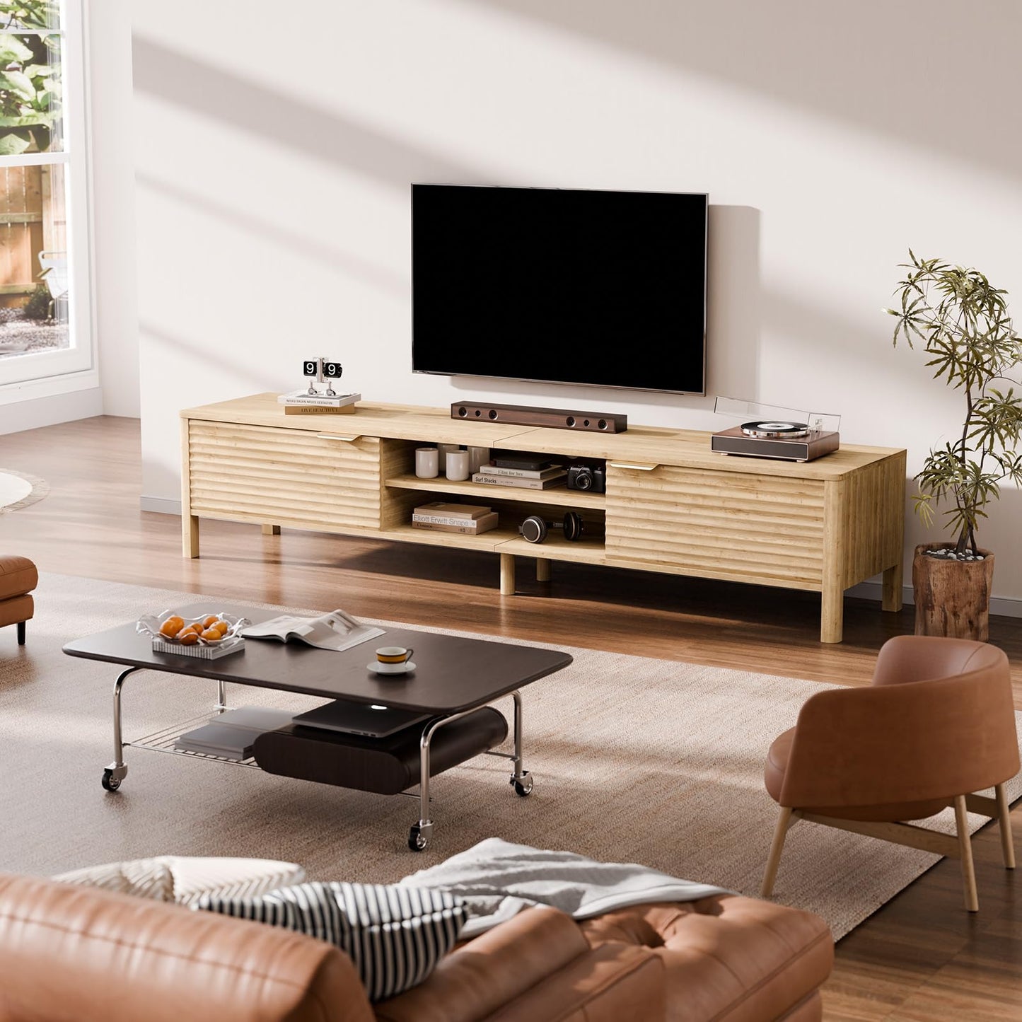 IKALIFE TV Stand for Living Room - up to 80 Inch TVs Mid Century Modern Entertainment Center with Storage and Adjustable Shelves, Media Console Table Oak 71"