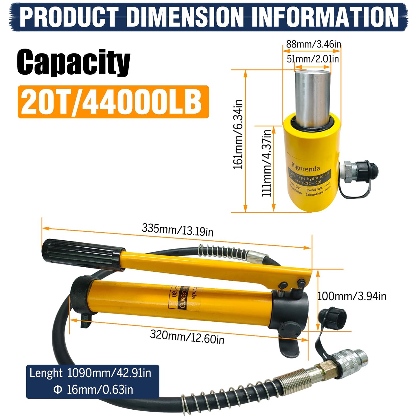 Bigorenda 20T Hydraulic Cylinder Jack Sets Porta Power Ram Jack Kit,CP-180 Manual Hydraulic Hand Pump,2"Stroke,Single Acting Lifting Cylinder for Machinery Shipbuilding Short Distance Lifting Leveling