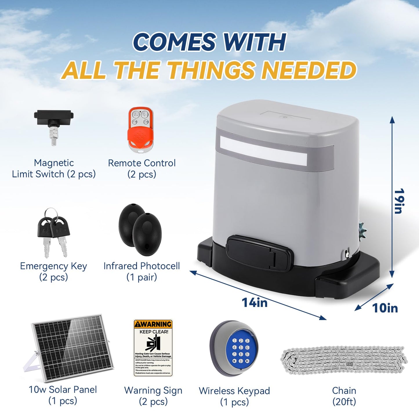 1300lbs Solar Sliding Gate Opener Chain Drive with Built-in Backup Battery, WiFi Remote Control, IR Sensor, Keypad, Automatic Gate Motor, Off-Grid Operation with Solar Panel