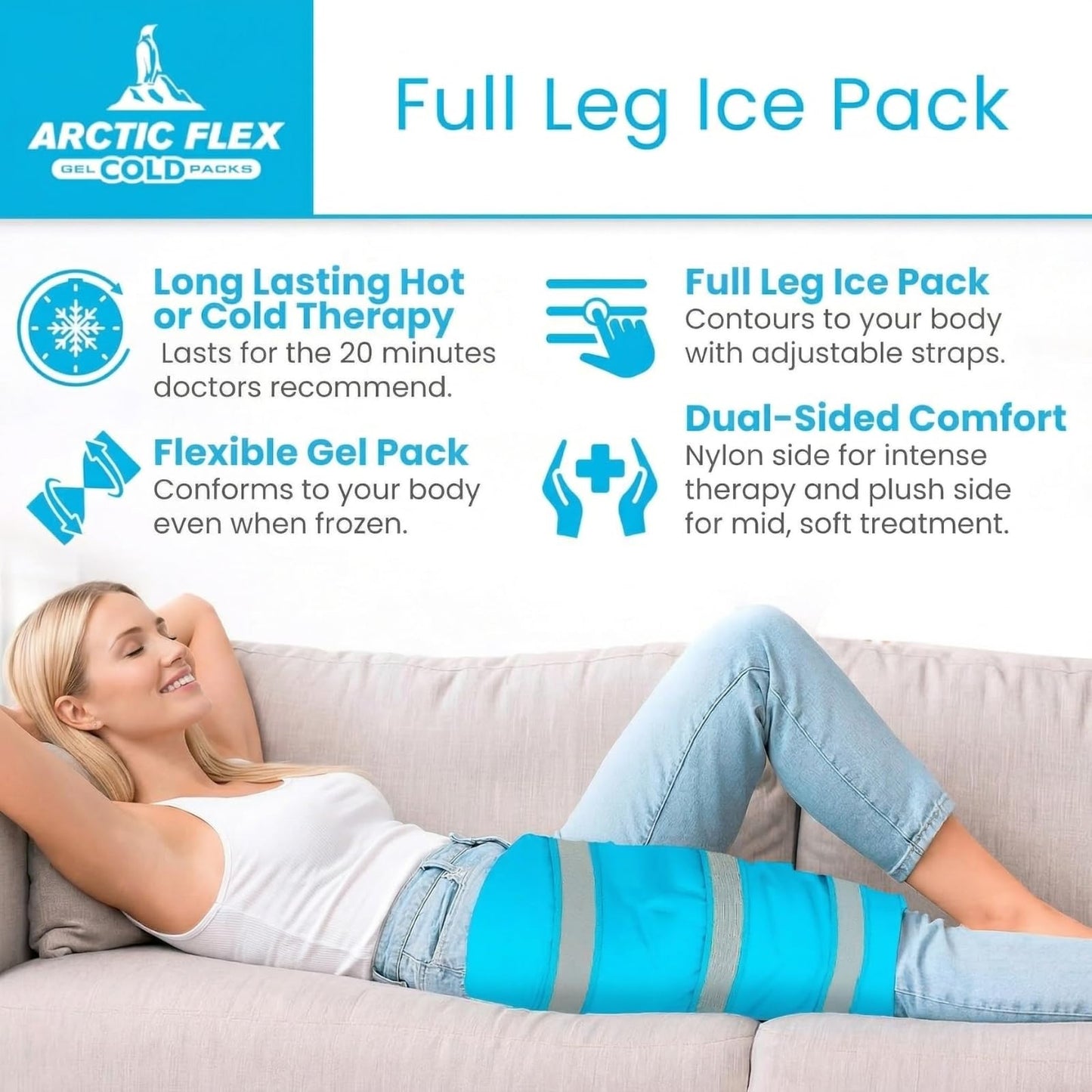 Arctic Flex Full Leg Ice Pack Wrap (Hot & Cold Therapy) - Large, Reusable Gel Ice Pack for Injuries & Swelling - ICY Sleeve for Leg Pain Relief - Cold/Hot Wrap for Thigh, Hips, Knee, Shins & Back