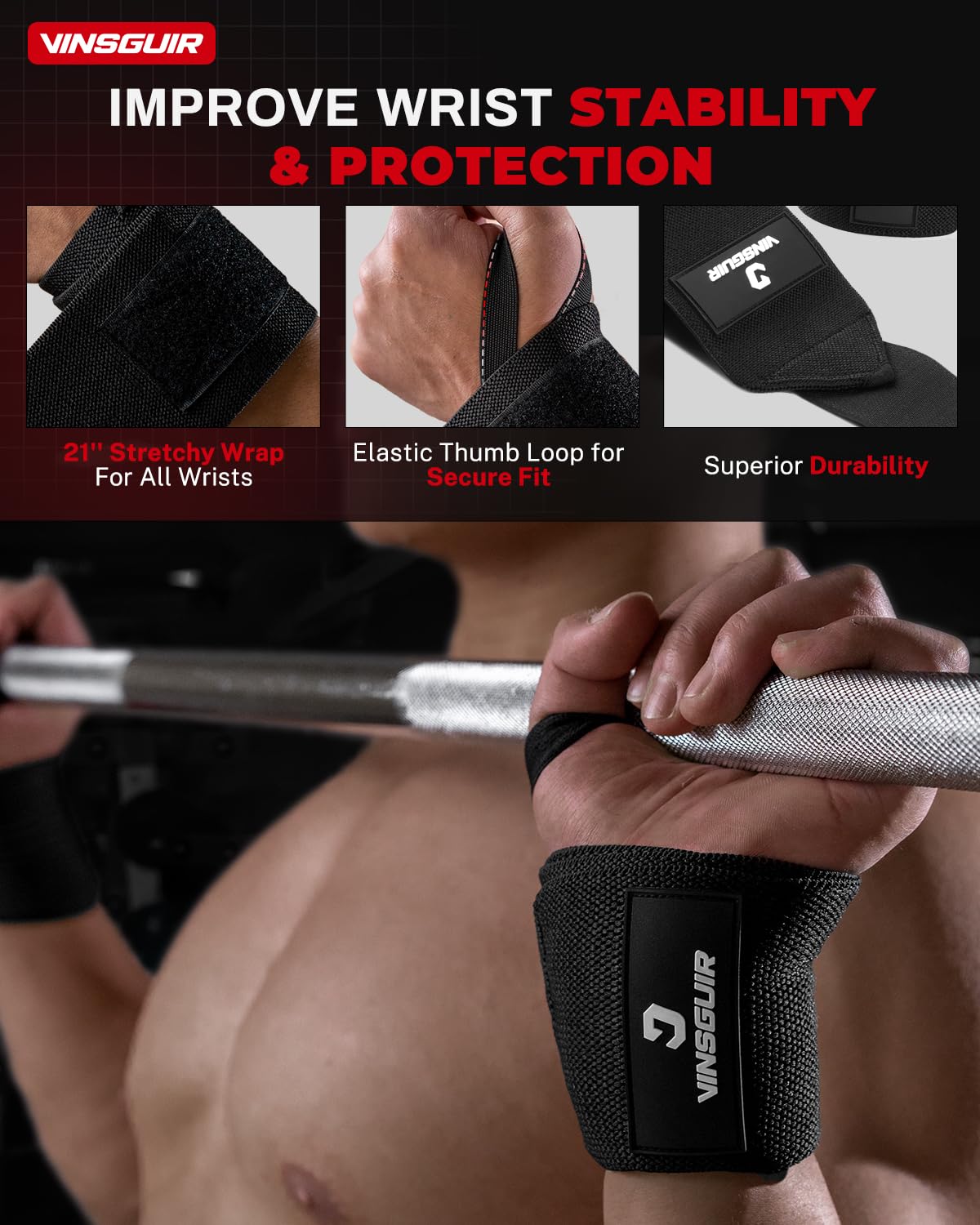 VINSGUIR Wrist Wraps for Weightlifting, [USPA Approved] 21'' Lifting Straps for Wrist Support with Heavy Duty Thumb Loop, Gym Wrist Brace for Working out, Crossfit, Powerlifting, for Men&Women