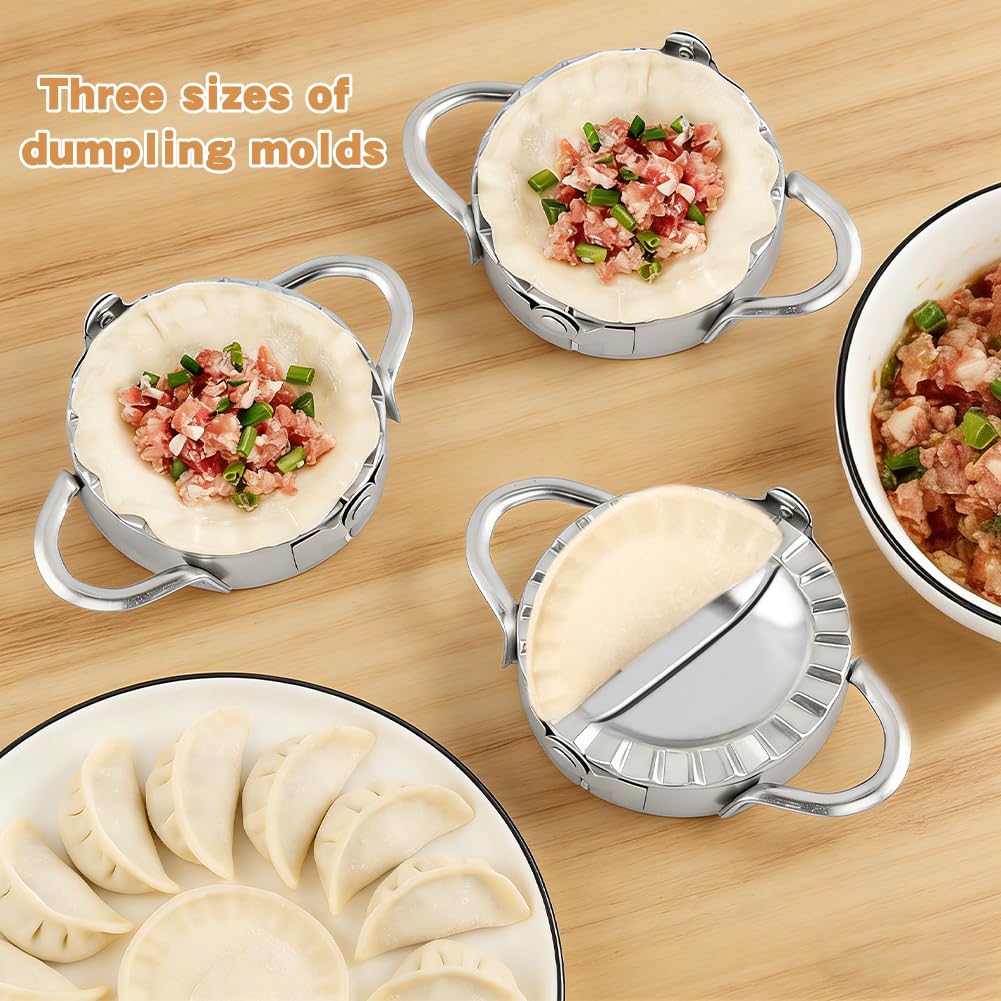 Stainless Steel Dumpling Maker Set, 3 Dumpling Maker Press + 3 Dough Cutter + 1 Stuffing Scoop +1 Rolling Pin, Easy tool for Dumpling-Wrapper Dough Stamp Cutter Pastry Pie Making(COLOR:Silver)