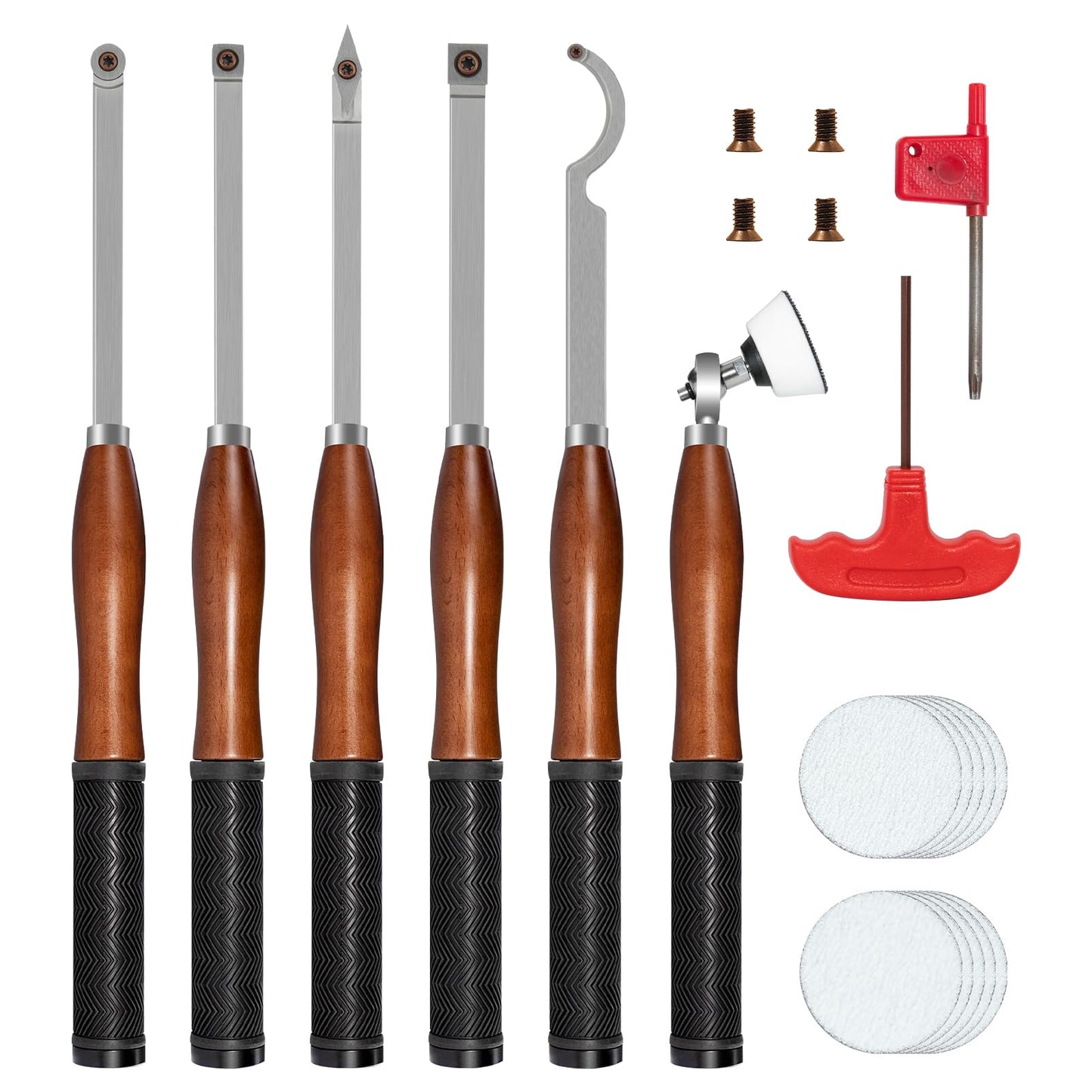 SIIIXS Full Size Carbide Wood Lathe Turning Tool Kit with Bowl Sander,6pcs 18" Professional Carbide Lathe Tools with Wooden Box including Swan Neck Hollower, Rougher, Finisher,Beech Handle with Rubber